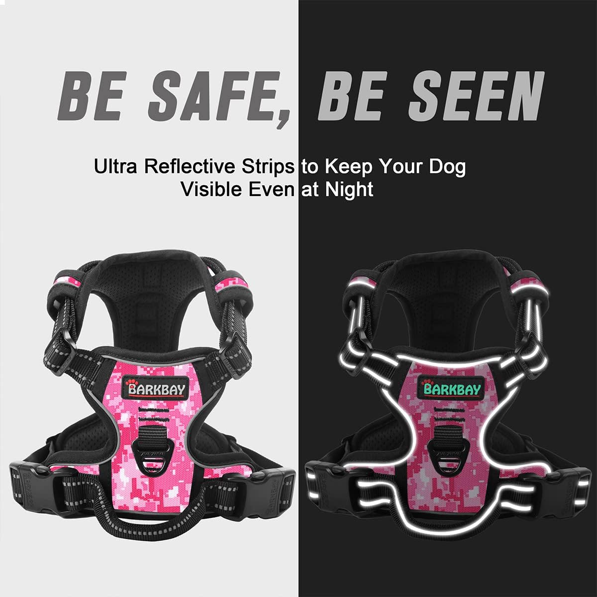 BARKBAY No Pull Dog Harness Front Clip Heavy Duty Reflective Easy Control Handle for Large Dog Walking(Pink camo,L)