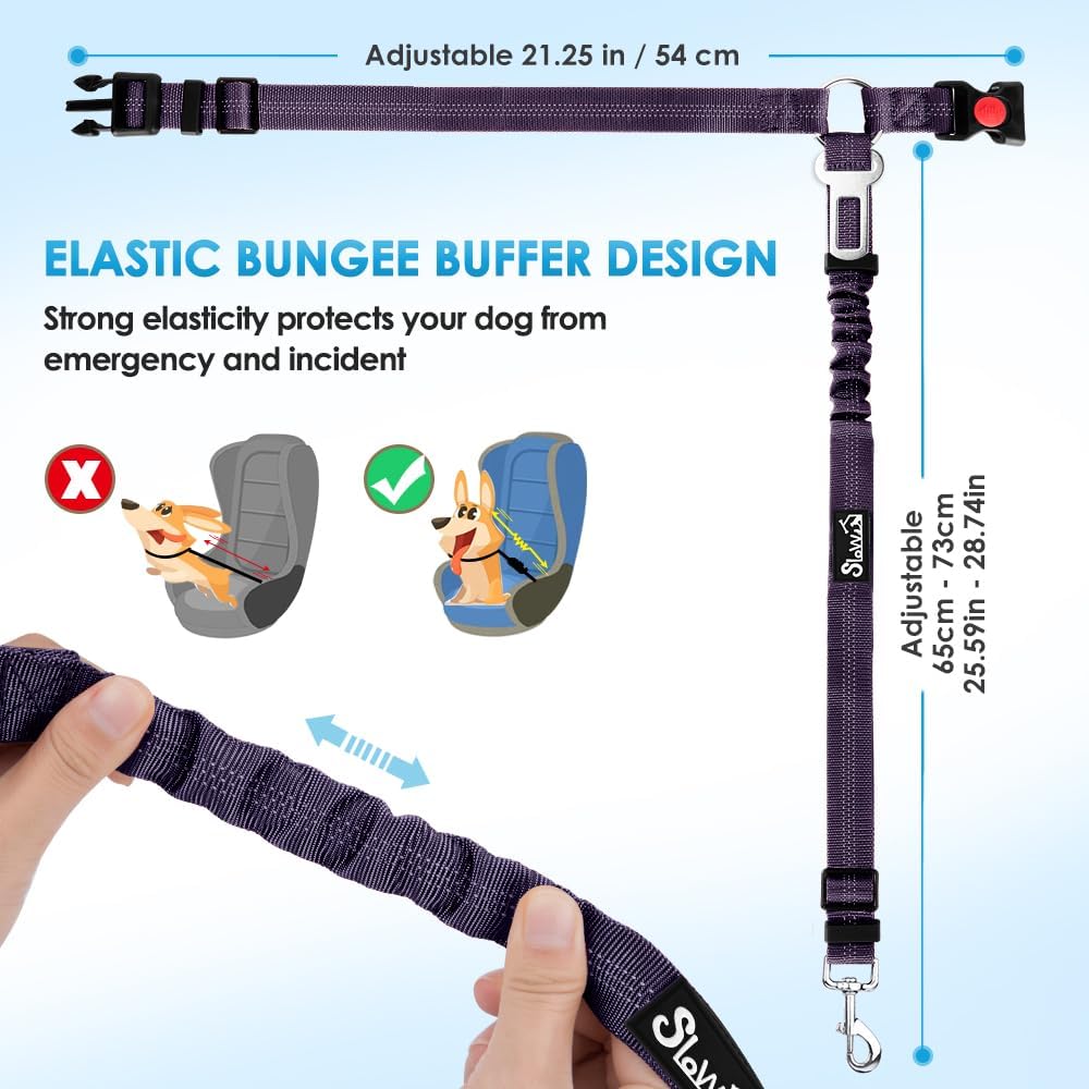 SlowTon Dog Seat Belt for Car, 2 Pack Dog Car Harness Seatbelt Adjustable with Elastic Bungee Buffer, 2 in 1 Pet Car Leash Headrest Restraint Dog Reflective Safety Tether (Purple, Headrest+Clip)
