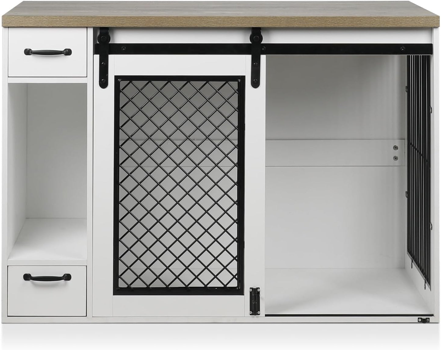 Large Dog Crate, Dog Crates for Medium Dogs, 47.2" Dog Kennel Indoor with Drawers, Feeder Bowls and Storage, 2 Sliding Doors, Heavy Duty Dog Crate Farmhouse Modern Side End Table for Small Medium Dogs