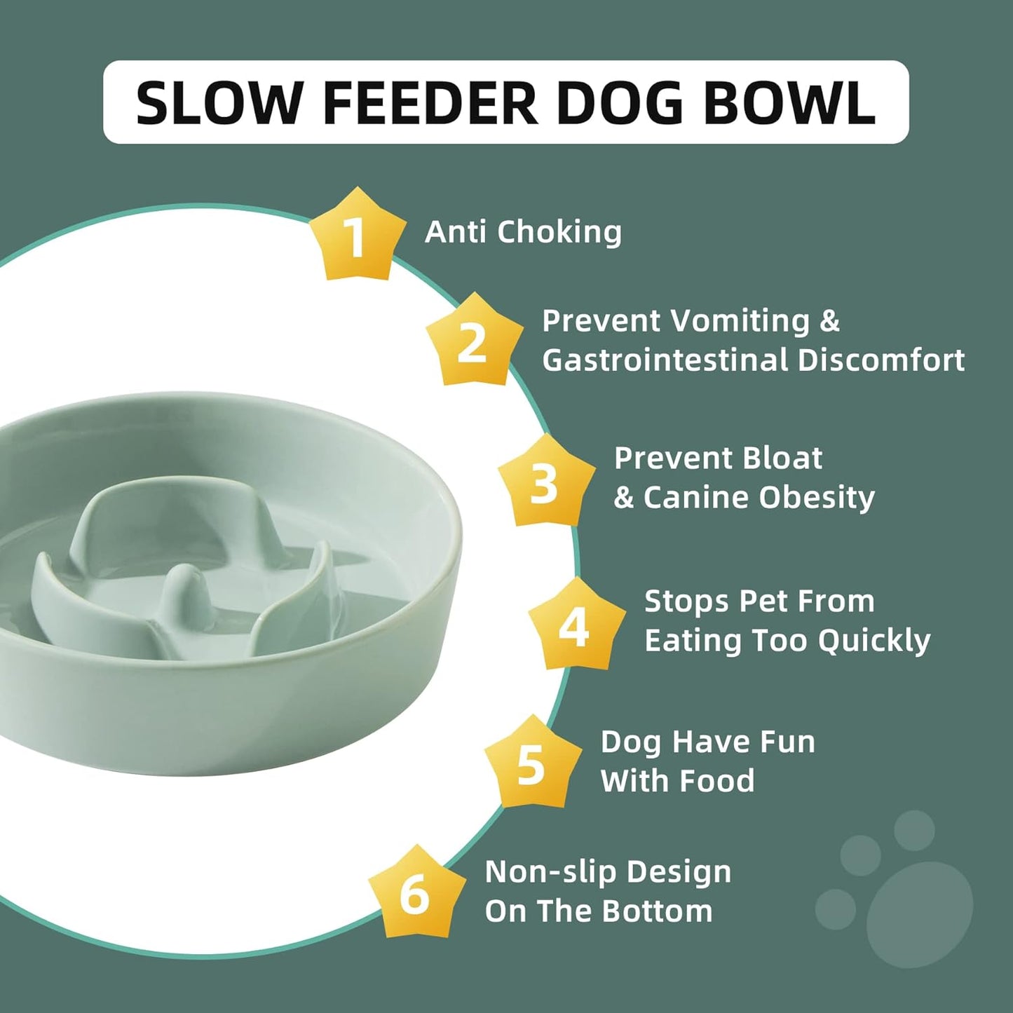 6.1inch Ceramic Dog Bowl Slow Feeder for Small Dog, Pet Slow Feeder, Stop Bloat, Preventing Choking(Single Bowl-Light Green)