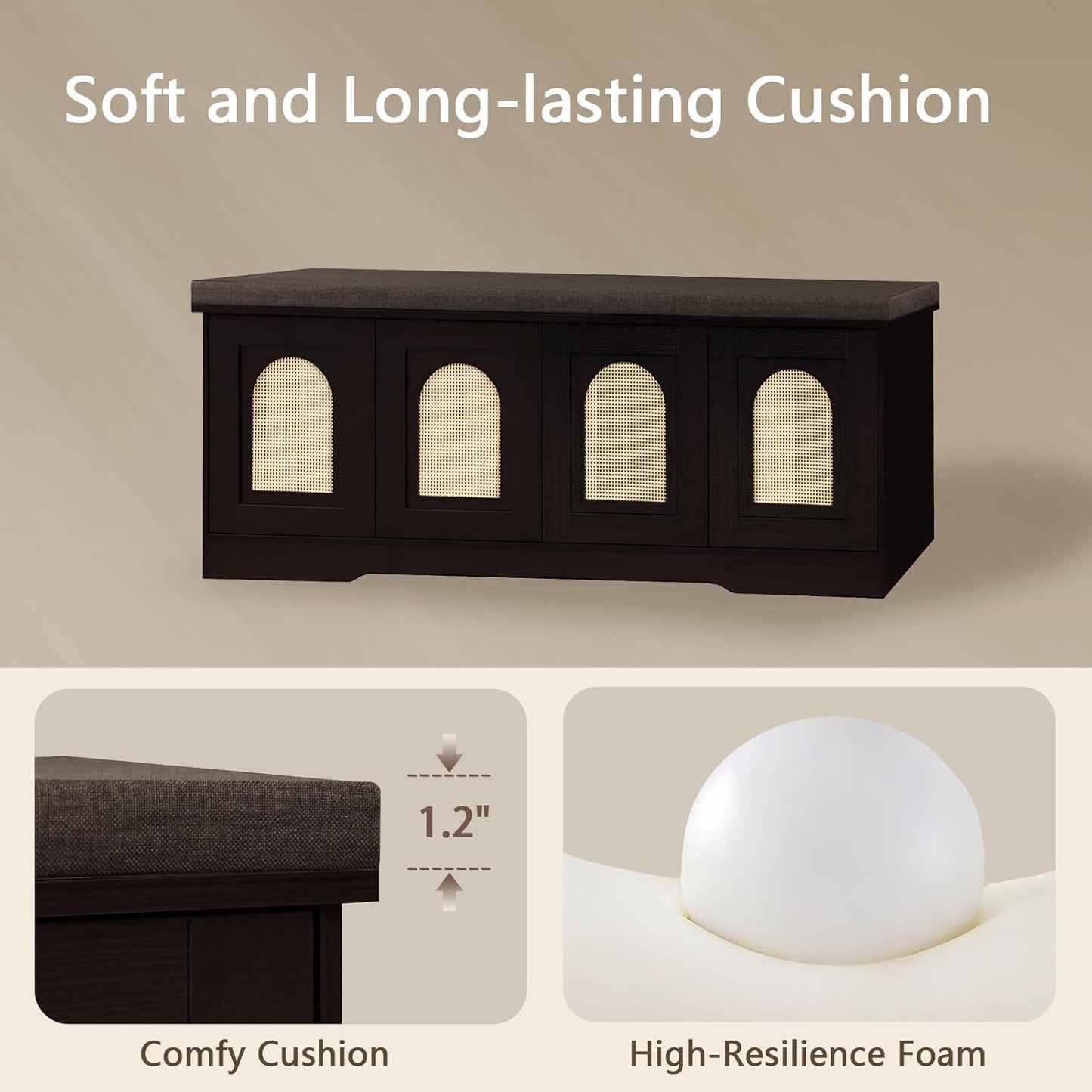 DINZI LVJ Shoe Bench, Entryway Storage Bench with Doors, Cushion, 2-Tier Shoe Rack with 8-Cubby, 47.2”L x 13.8”W Shoe Organizer Cabinet, Adjustable Shelf, Living Room, Bedroom, Espresso with Rattan