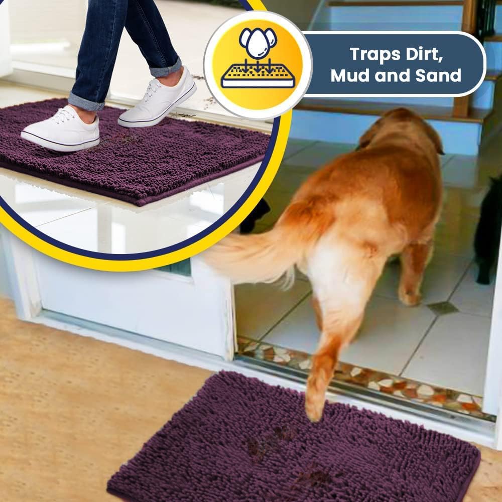 Muddy Mat® AS-SEEN-ON-TV Highly Absorbent Microfiber Door Mat and Pet Rug, Non Slip Thick Washable Area and Bath Mat Soft Chenille for Kitchen Bedroom Indoor and Outdoor - Dark Purple 36" x 120"