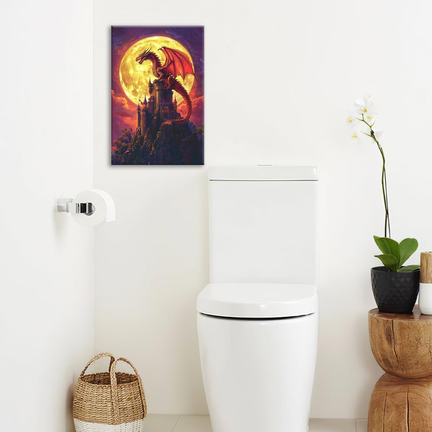 Dragon Bathroom Pictures Wall Art, Red Dragon Castle Bathroom Wall Decor, Framed Painting Canvas Artwork for Bedroom Living Room Decorations 24"L x 16"W