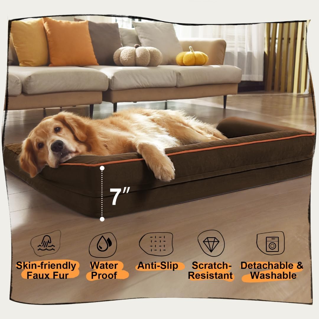 Extra Large Dog Bed-Orthopedic Waterproof XL Dog Bed for XLarge Extra Big Dogs - Foam Couch Sofa Washable with Removable Cover-Coffee