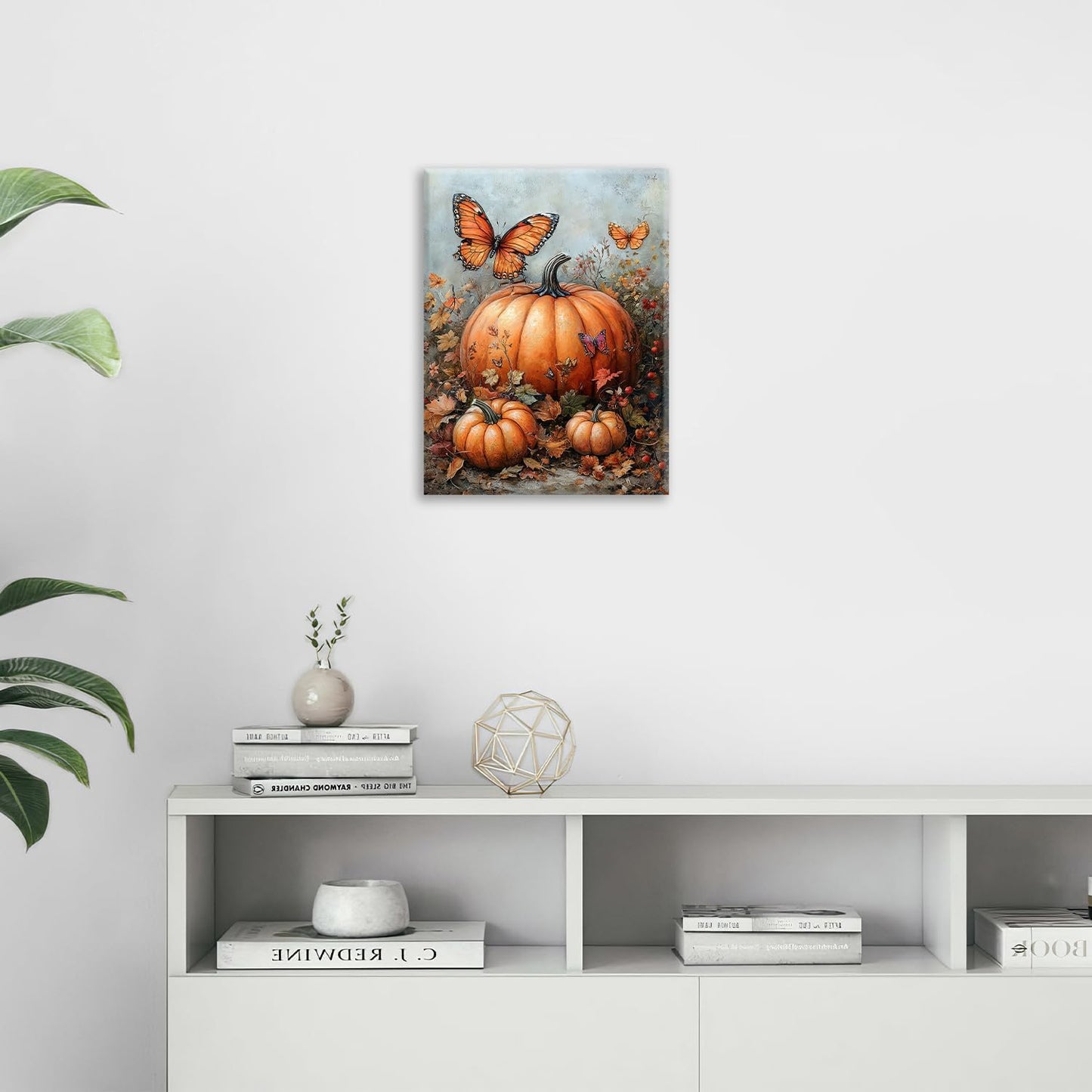 Fall Pumpkin Pictures Wall Art, Rustic Thanksgiving Bathroom Wall Decor, Farmhouse Autumn Butterfly Framed Painting Canvas Artwork for Harvest Gift Bedroom Living Room Decorations 16"L x 12"W