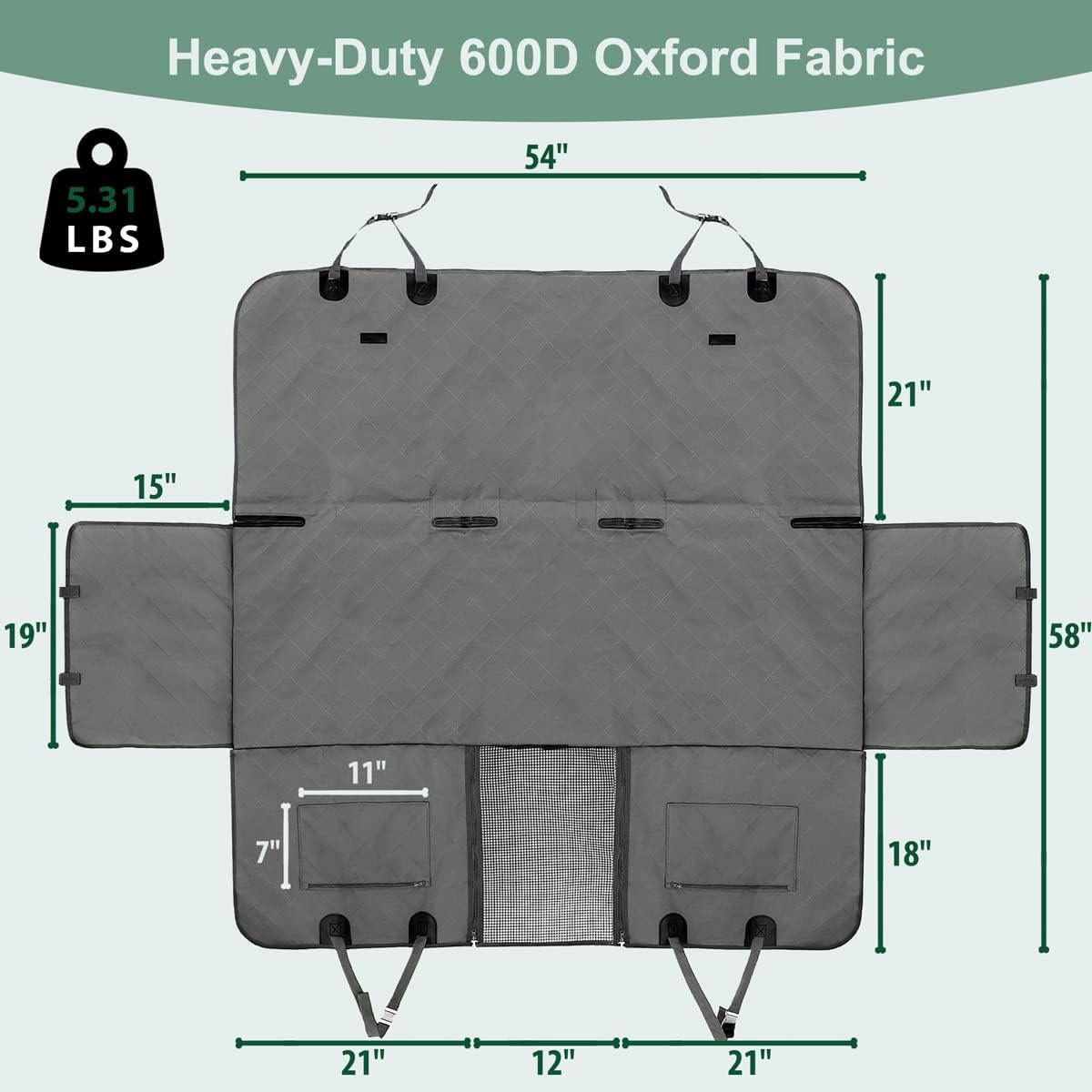 Dog Car Seat Cover for Back Seats 100% Waterproof with Metal Buckle Mesh Window Scratch Proof Heavy Duty Rear Backseat Protector Hammock for Pet, SUV Truck Vehicle Accessories, 54" x 58", Grey