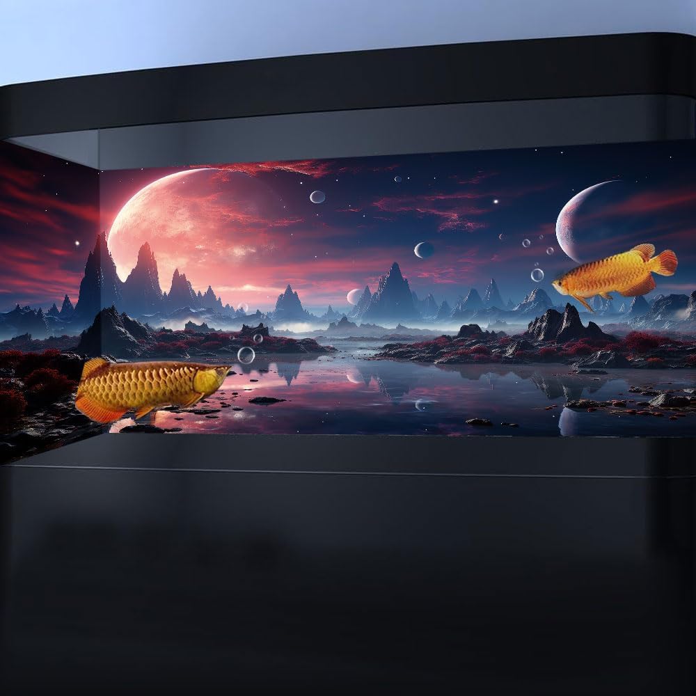 60X24IN Cosmic Spaceterrarium Background, Cool Parallel Space Themed Aquarium Reptile Habitat Background, Red Moon Aquarium Background with 10EVA Double-Sided Tape