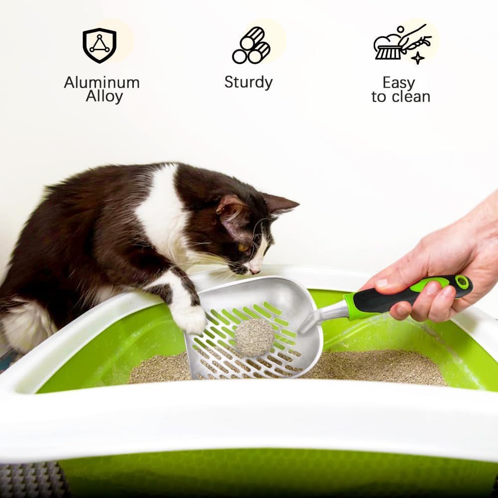 Cat Litter Scoop-Metal Cat Scooper-Long Handle Scoop,Cat Scooper-Poop Sifting-Mesh Shovel-Suitable for Cat Litter Box(Green)