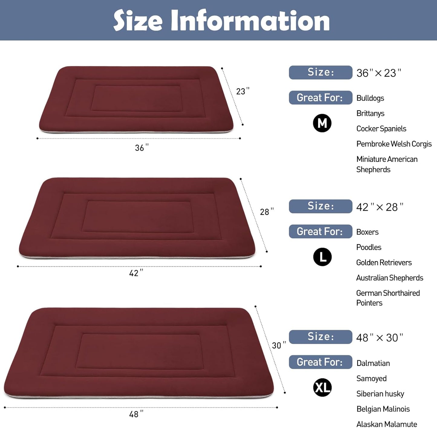 JoicyCo Soft Dog Crate Bed Pad Mat, 42 in Non-Slip Bottom Washable for Large Dogs, Pet Mattress Kennel Pad, Dark Red