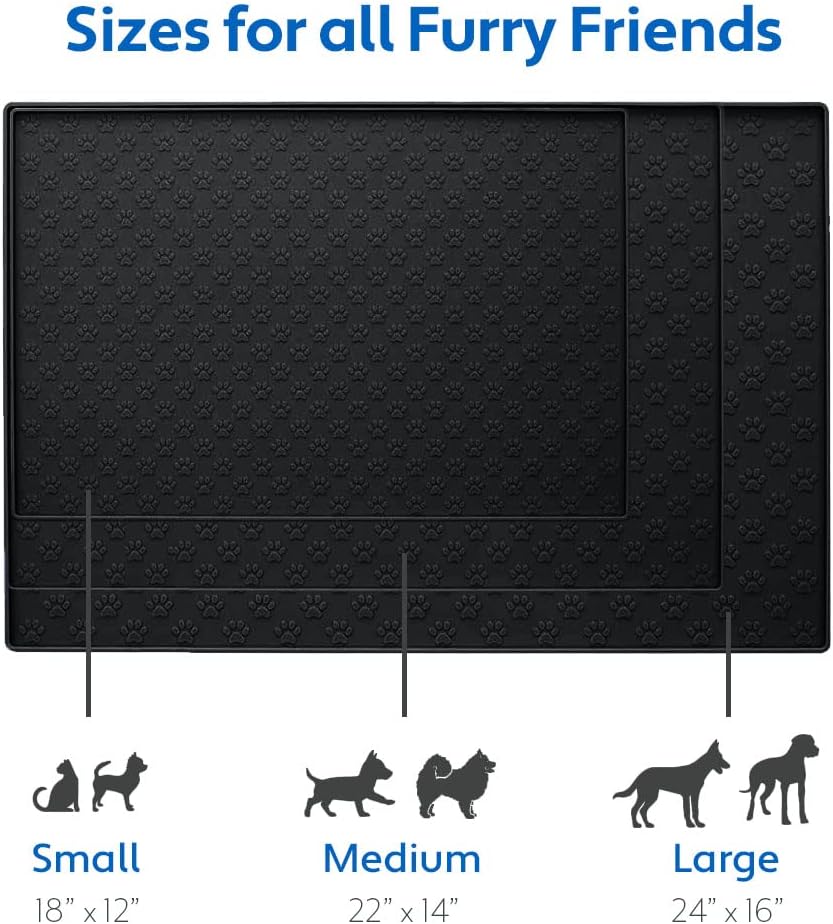 MIGHTY MONKEY 100% Waterproof Dog Food Mat, Raised Edges Silicone Pet Feeding Placemat for Cat, Dogs, Pet Bowls, High Lipped Tray Prevents Water Spills, Food on Floor, Dishwasher Safe, 22x14, Black