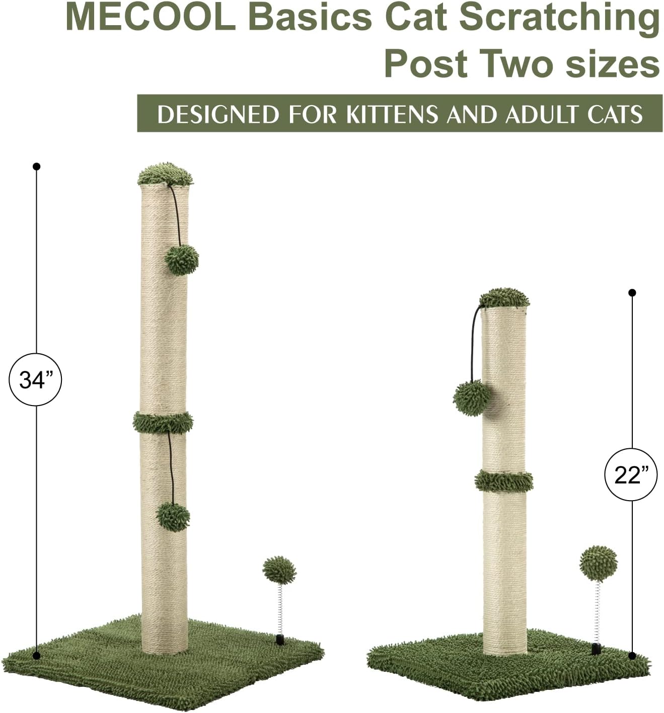 MECOOL 34“ Tall Cat Scratching Post Premium Basics Kitten Scratcher Sisal Scratch Posts Trees with Hanging Ball for Indoor Cats (34 inches for Adult Cats, Cactus Green)