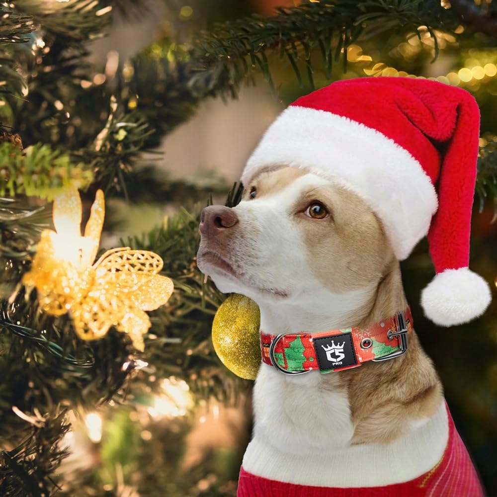 TSPRO Tactical Dog Collar 1.5 Inch Wide Thick Dog Collars with Heavy Duty Metal Buckle, Durable, Strong, Adjustable for Medium to Large Dogs (Christmas Green L)