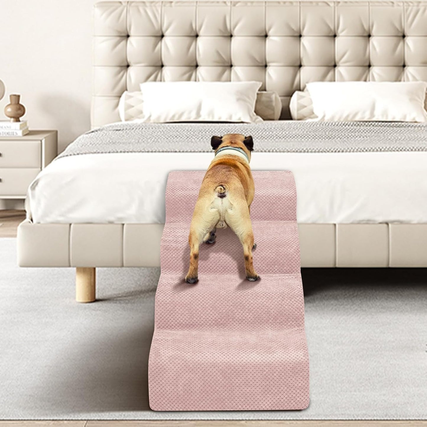 Dog Stairs for Small Dogs - High Density Foam Pet Steps, Extra Wide Dog Ramp with Non-Slip Bottom for High Beds, Couch and Sofa, Best for Dogs Injured, Older Doggy Cats,4 Stpes, Pink