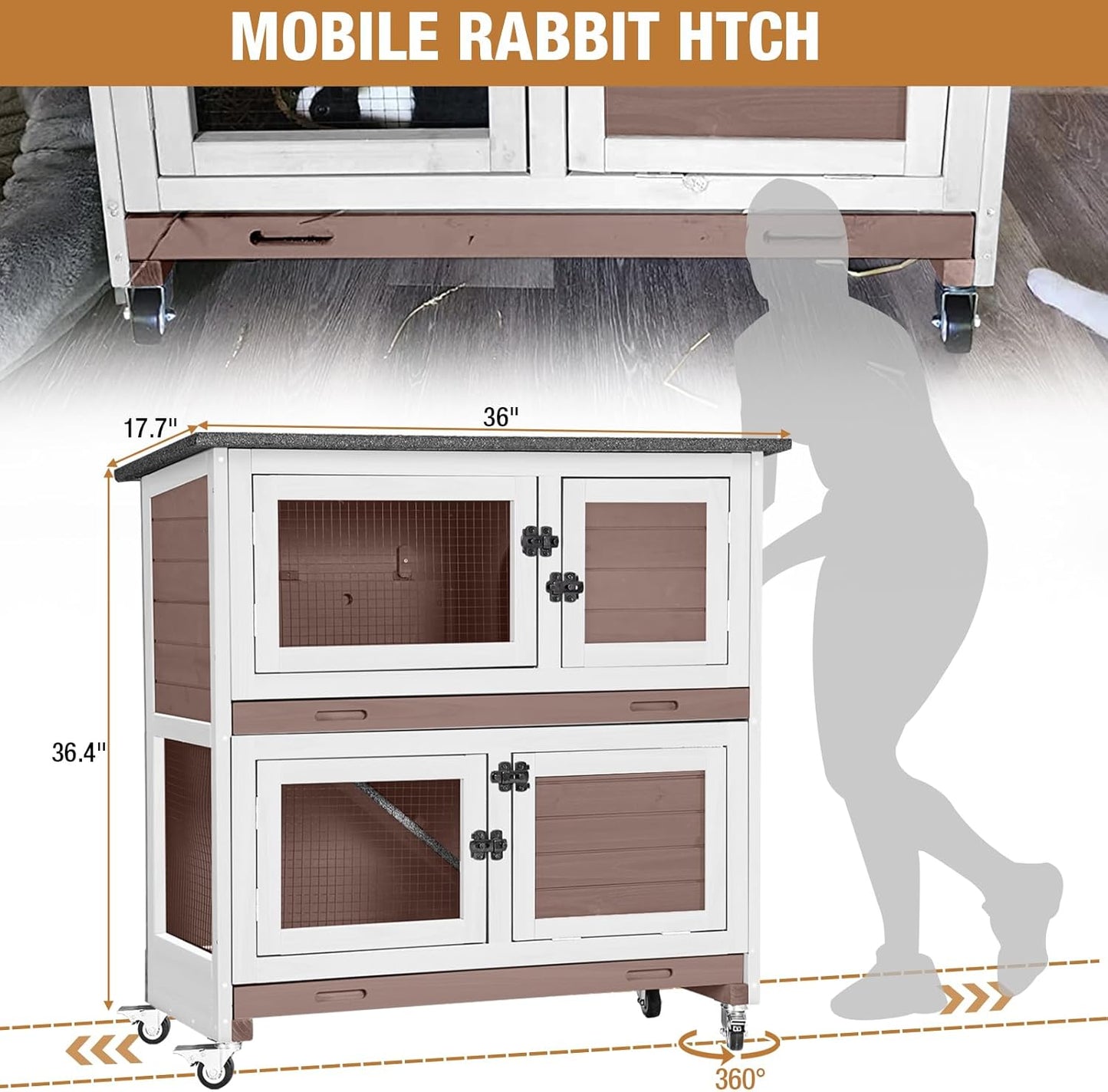 Rabbit Hutch Indoor Outdoor, Bunny Cage with Casters, Guinea Pig Cage Bunny Hutch with Two Plastic Trays 36inch-Brown