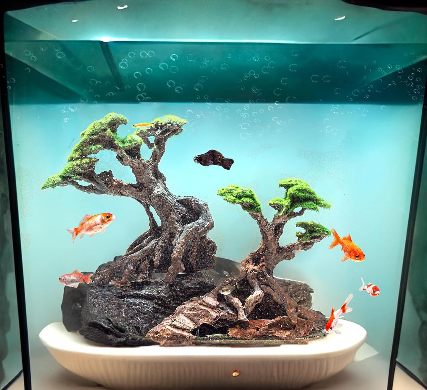 Novelsite Fish Tank Decor- Bonsai Trees with Faux Moss- Aquarium Rocks Aquascaping- Made of Sandstone, Goldfish Betta Fish Tank Decorations Hides Accessories