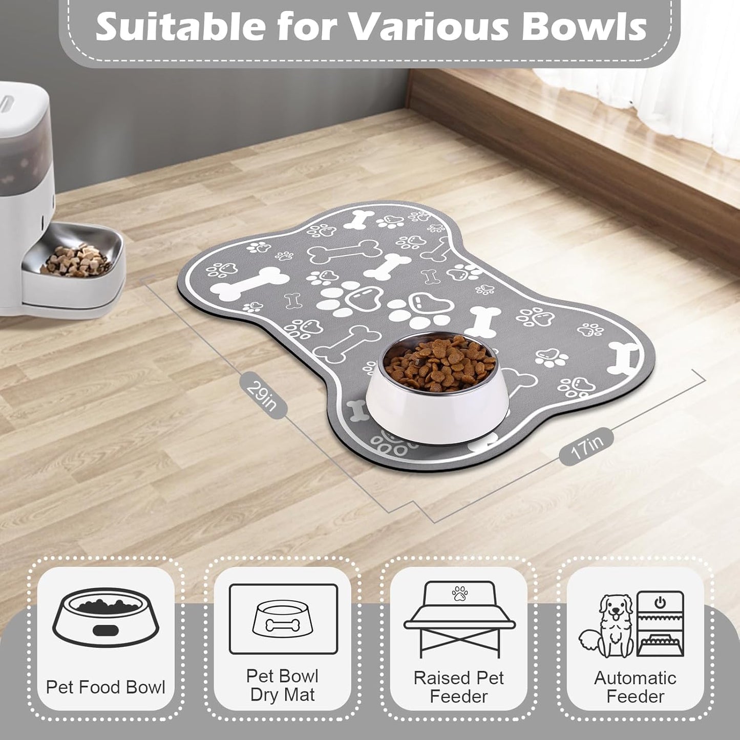 Dog Cat Food Mat, Rapid Absorbent Pet Feeding Placemat, Bone Shaped With Rubber Backing, No Stains Indoor, Pet Accessories Supplies 17"29" Grey