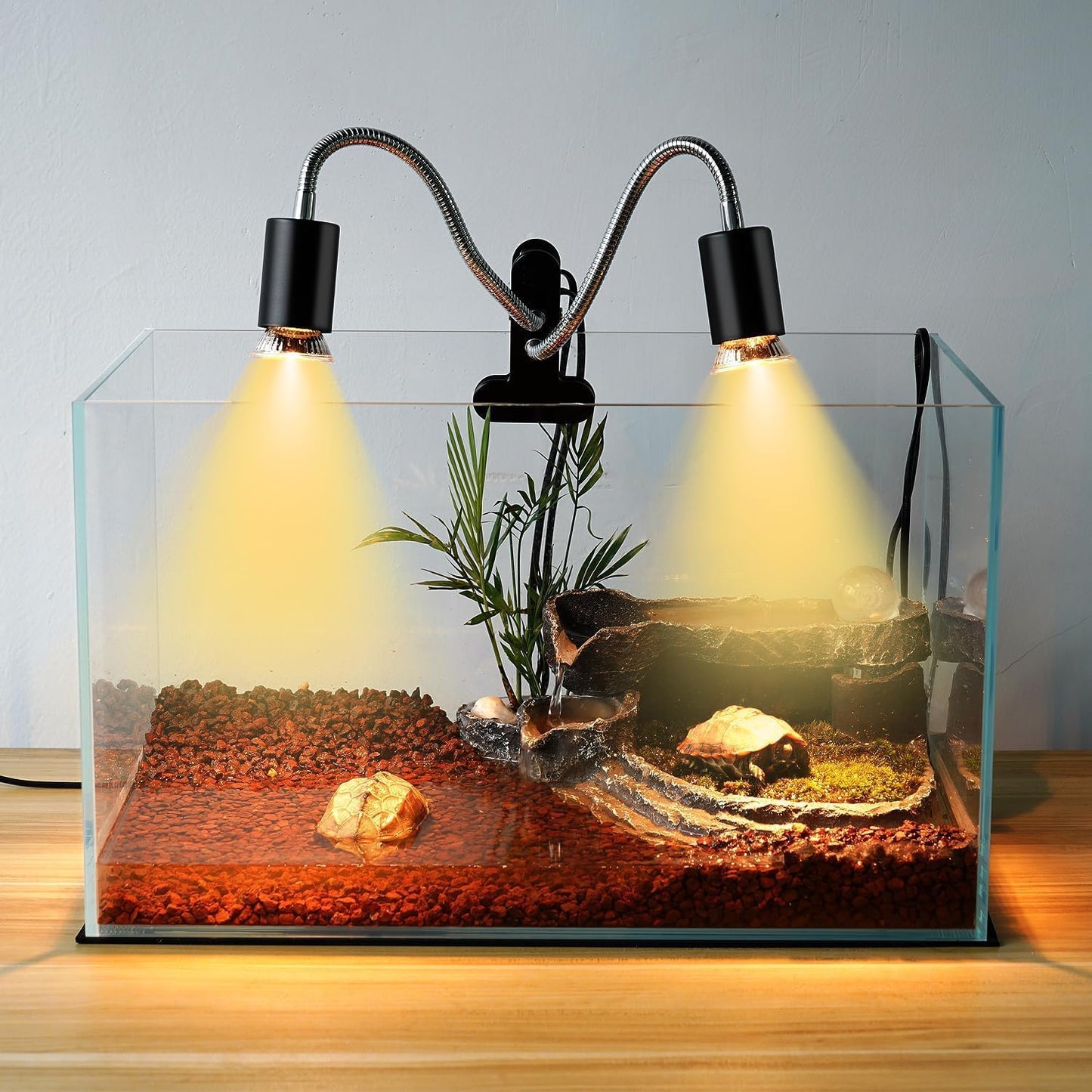 Reptile Heat Lamp, Dual-Head UVA UVB Reptile Light, Heating Lamp with Cycle Timer, Heat Lamp for Reptiles Bearded Dragon Turtle Crab Snake Lizard, Separate Control, 3 Basking Bulbs Light