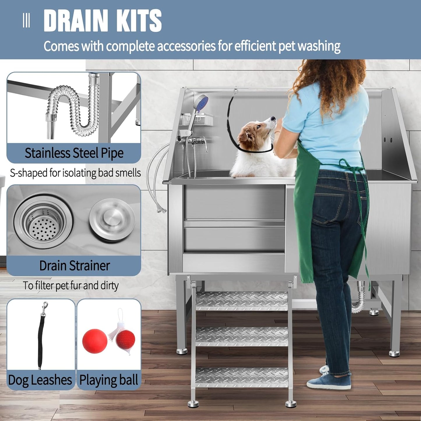 50" Pet Dog Bathing Station W/Ramp, Professional Stainless Steel Dog Grooming Tub W/Storage Drawer, Floor Grate, Faucet, Dog Bathtub For Large,Medium, Small Pets, Washing Sink For Home (50"Left ramp)