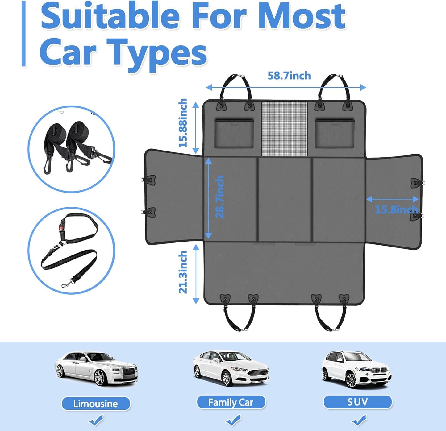 Hard Bottom Dog Car Seat Cover for Back Seat – Waterproof Nonslip Hammock Extender for Trucks & SUVs, Heavy Duty Pet Protector, Gray Faux Leather