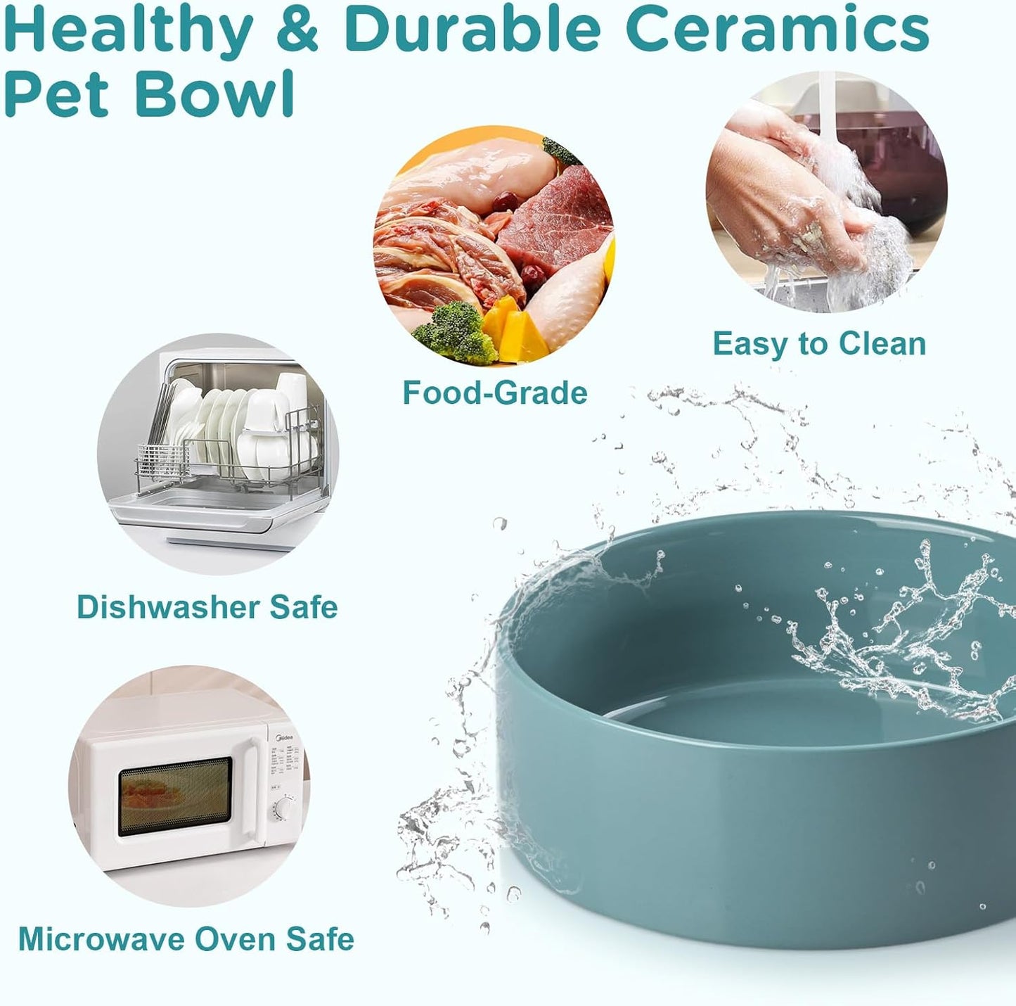 SPUNKYJUNKY Ceramic Elevated Dog Bowls with Slow Feeder Raised Acacia Bamboo Wooden Stand, 8.3'' Dog Food Water Bowls Set Non-Slip for Medium Large Sized Breed Microwave Dishwasher Safe - Dark Green