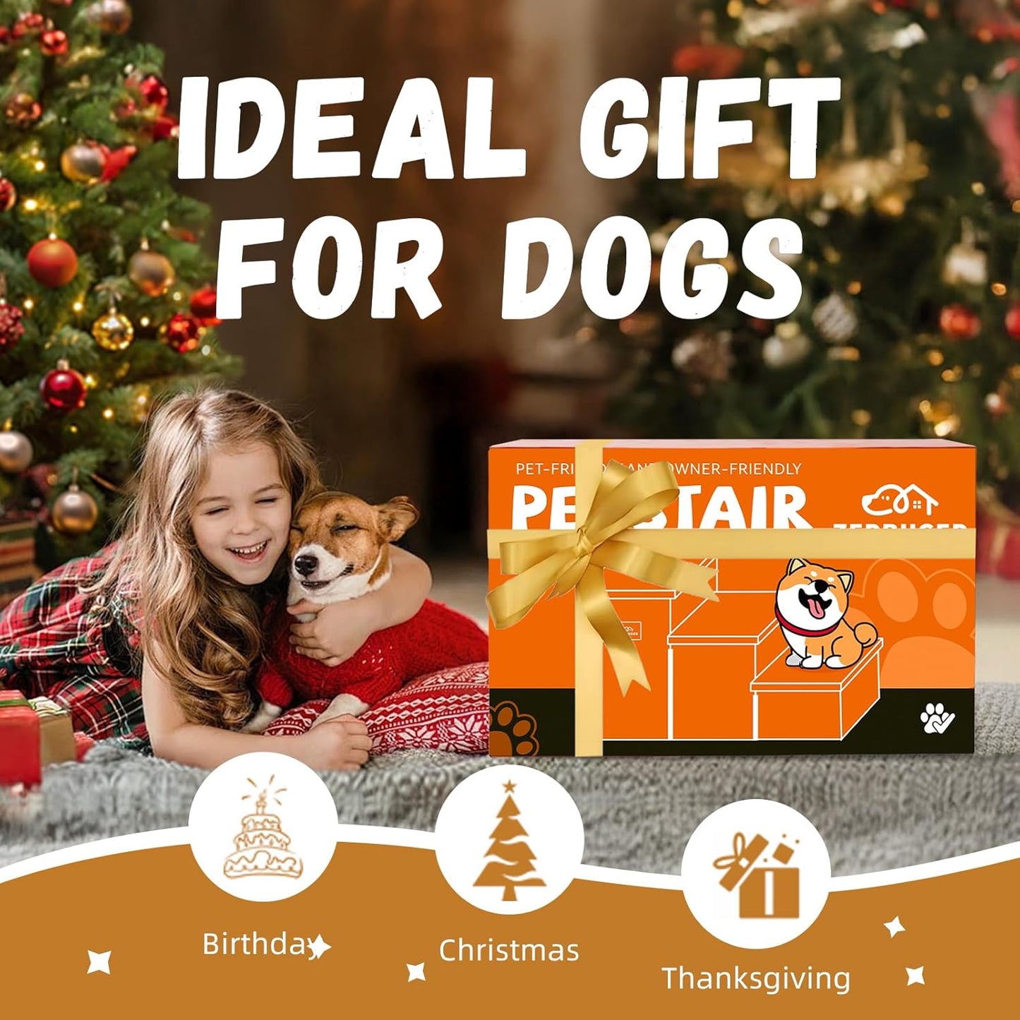 Dog Stairs with Storage 18" H, 3-Step Wider Dog Steps for Small/Medium/Large Dogs Cats, Folding Sturdy Pet Stairs Climbing Bed or Sofa, Ramp for Car Hold Up to 200 lbs (Navy Blue, No Condo)