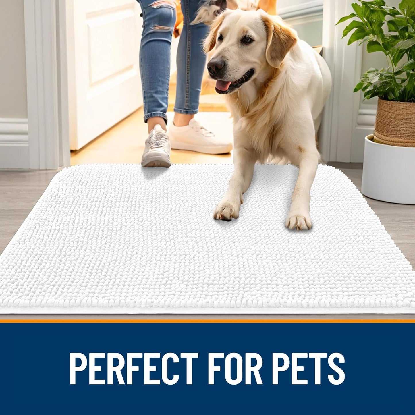 OLANLY Dog Door Mat for Muddy Paws 30x20, Absorbs Moisture and Dirt, Absorbent Non-Slip Washable Doormat, Quick Dry Chenille Mud Mat for Dogs, Entry Indoor Entryway Carpet for Inside Floor, White