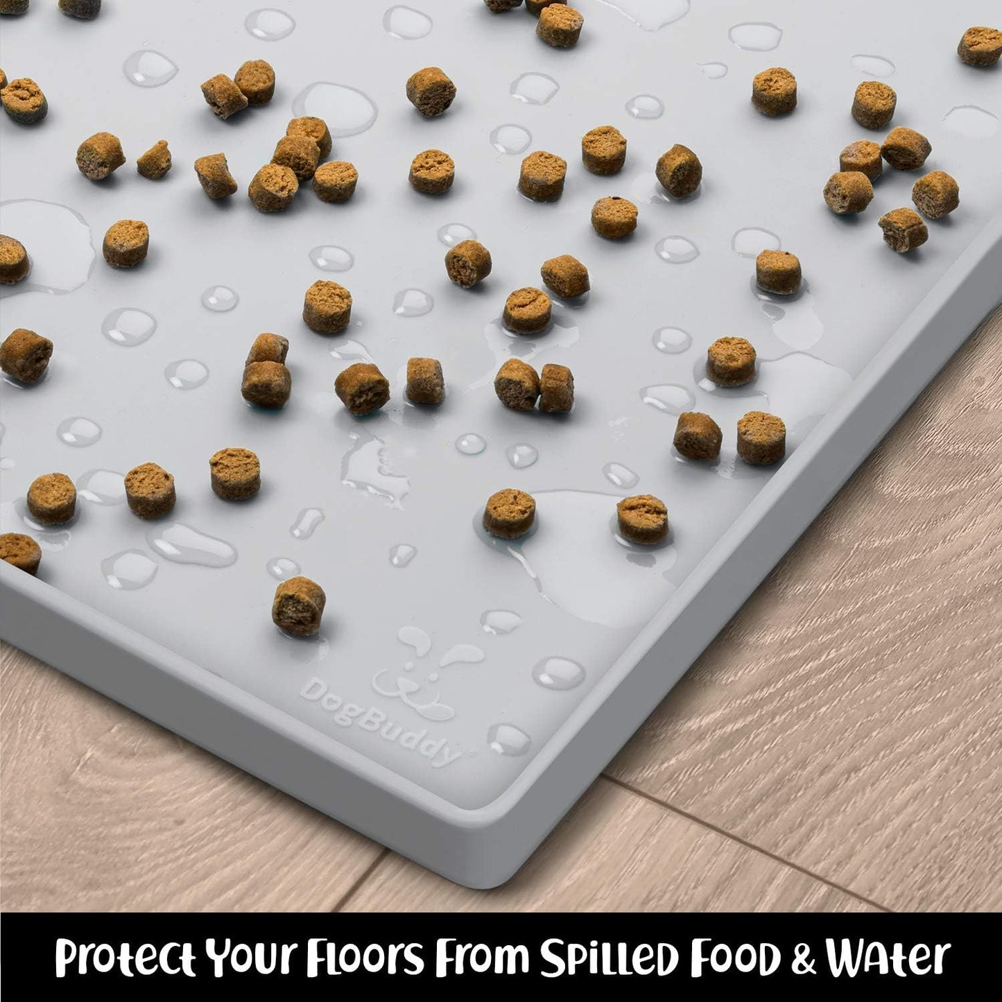 DogBuddy Dog Food Mat – Waterproof Dog Bowl Mat for Food and Water, Silicone Pet Feeding Mats for Floors, Non-Slip Placemat with High Edges for Dogs Bowls, Puppy Essentials (M: 21” x 14”, Mist)