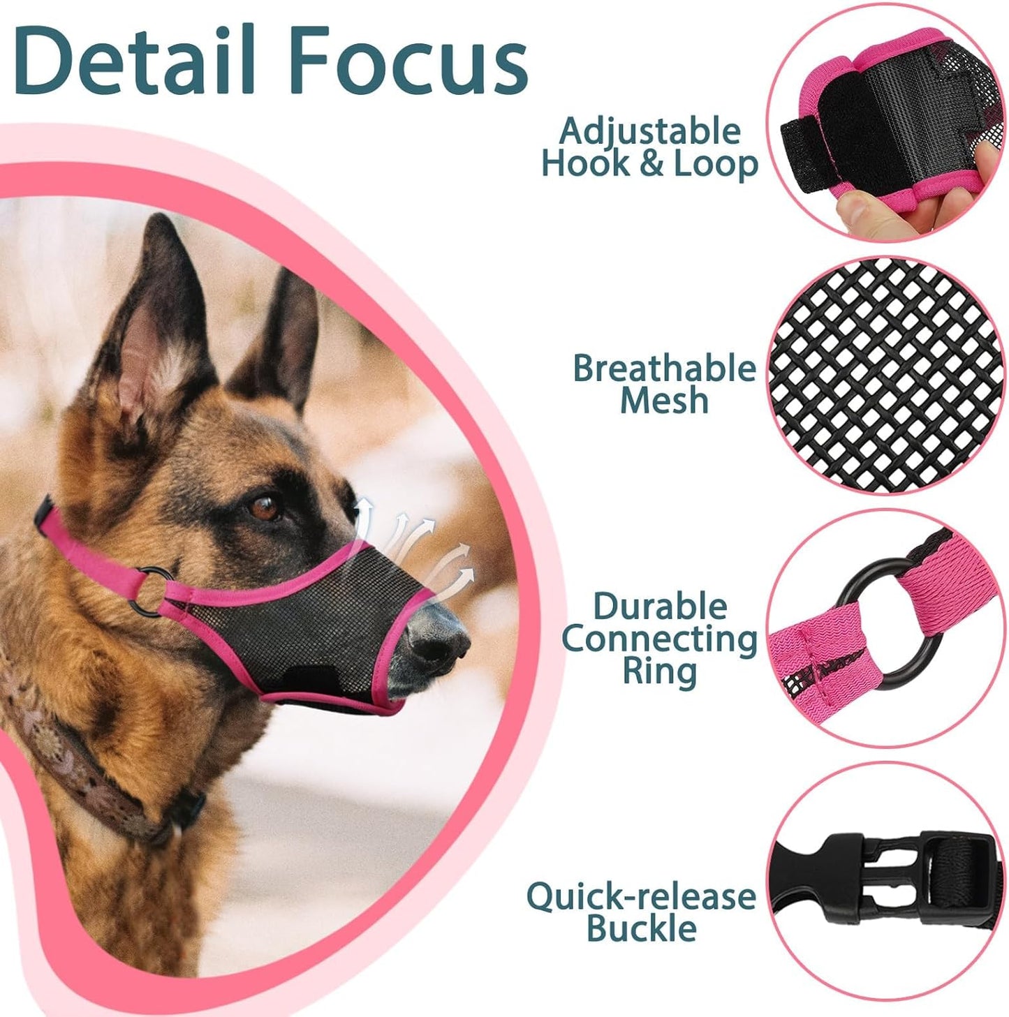 LUCKYPAW Dog Muzzle, Mesh Muzzle for Large Medium Small Dogs, Soft Mouth Guard for Biting Chewing, Breathable Mouth Guard with Adjustable Strap for Training(Hot Pink, XS(Snout:6.5"-7.5"))