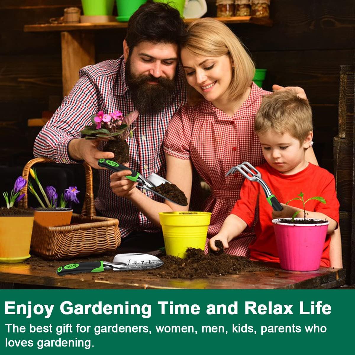 ESOW Garden Tool Set, 3 Piece Cast-Aluminum Heavy Duty Gardening Kit Includes Hand Trowel, Transplant Trowel and Cultivator Hand Rake with Soft Rubberized Non-Slip Ergonomic Handle, Garden Gifts