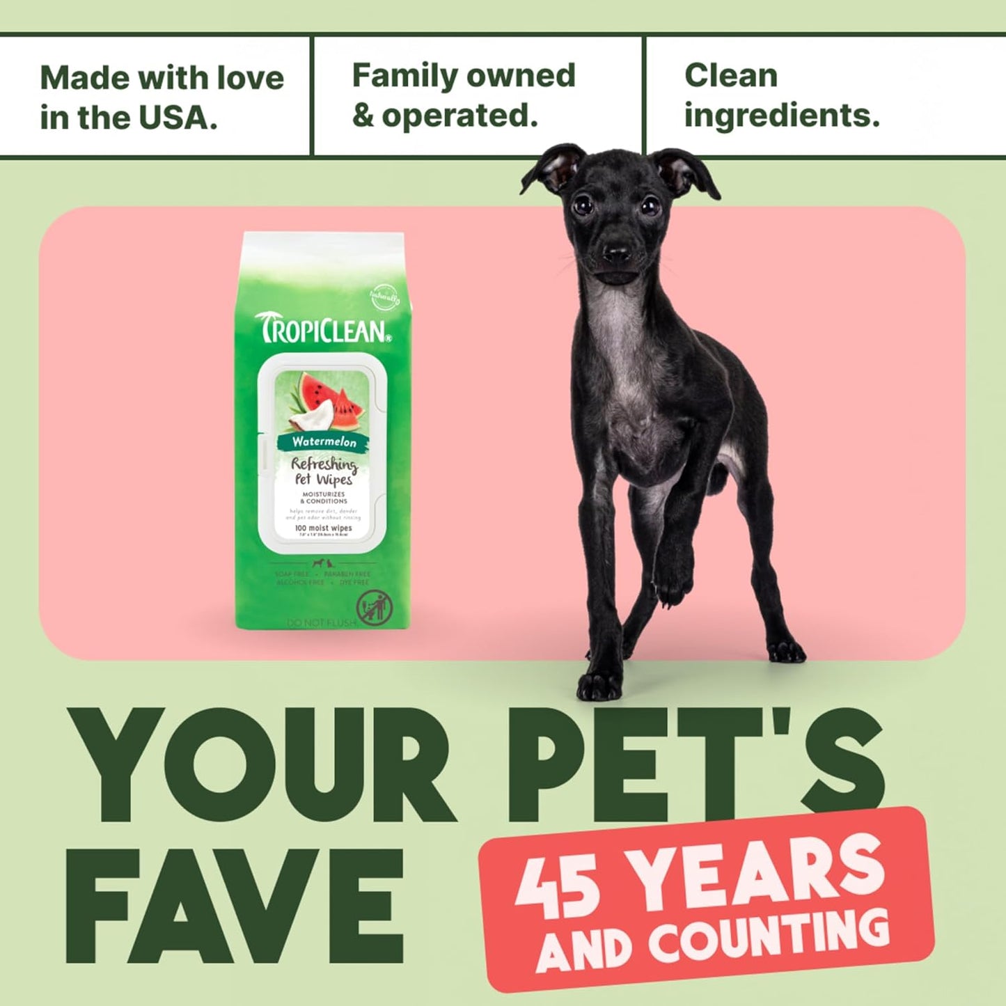 TropiClean Watermelon Dog Wipes for Paws and Bottom | Deep Cleaning Dog Grooming Wipes | Safe for The Face | Cat Friendly | 100 Count