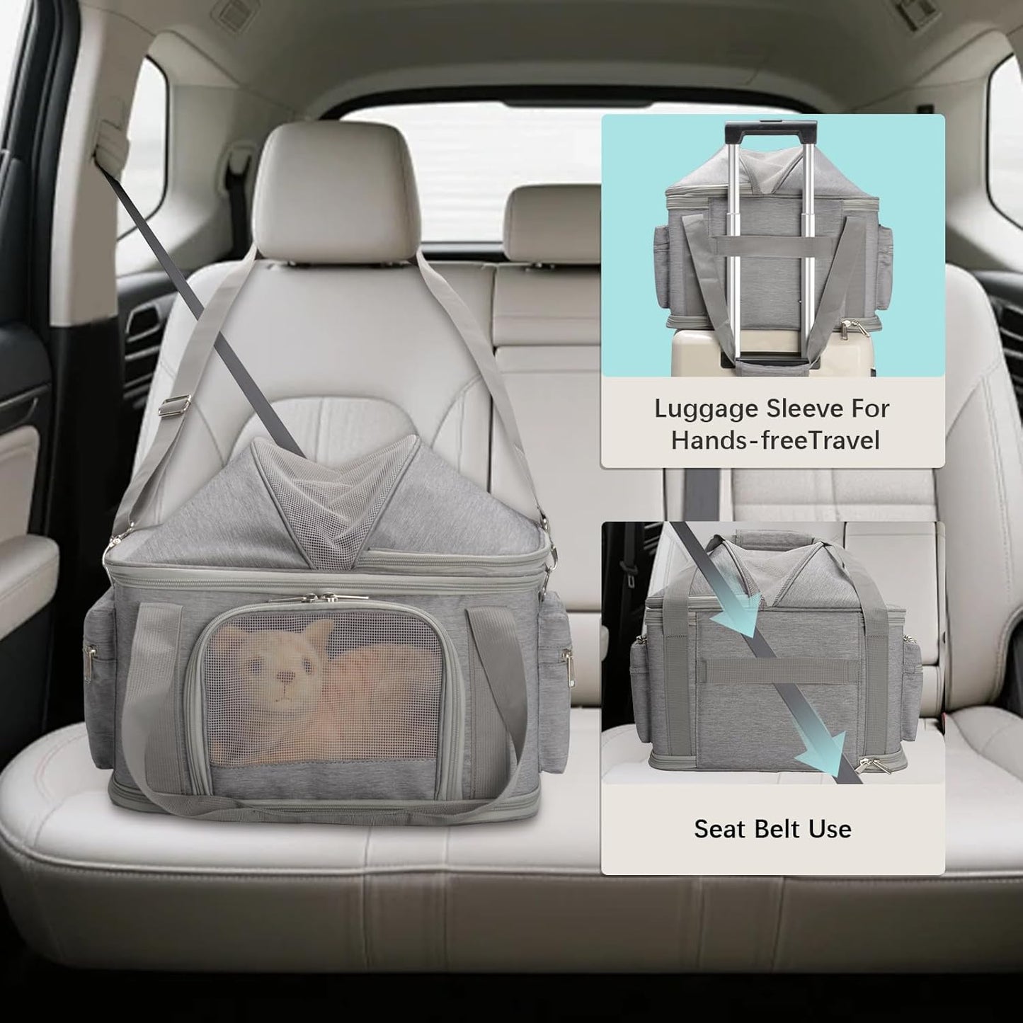 2-in-1 Stylish Dog Purse Carrier Soft-Sided Carriers Travel Tote Bag for Small Dogs Cats, Fashion Foldable Pet Bag for Puppies Small Animals with Pockets (Grey, 16.2" x 11.4" x 13")