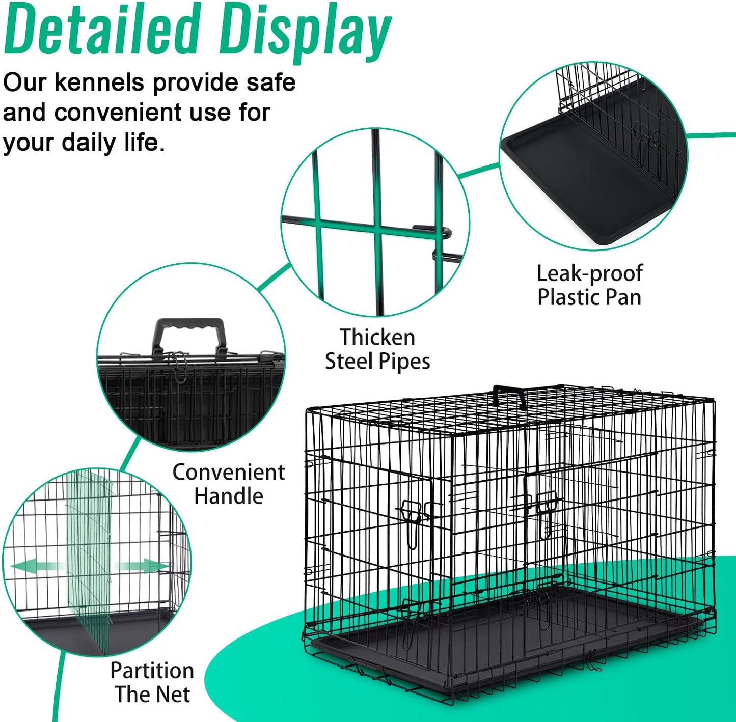 FDW Dog Crate for Large Dogs 42 Inch Folding Metal WirePet Cage Double Door W/Divider Panel Indoor Outdoor Kennel Leak-Proof Plastic Tray,Black