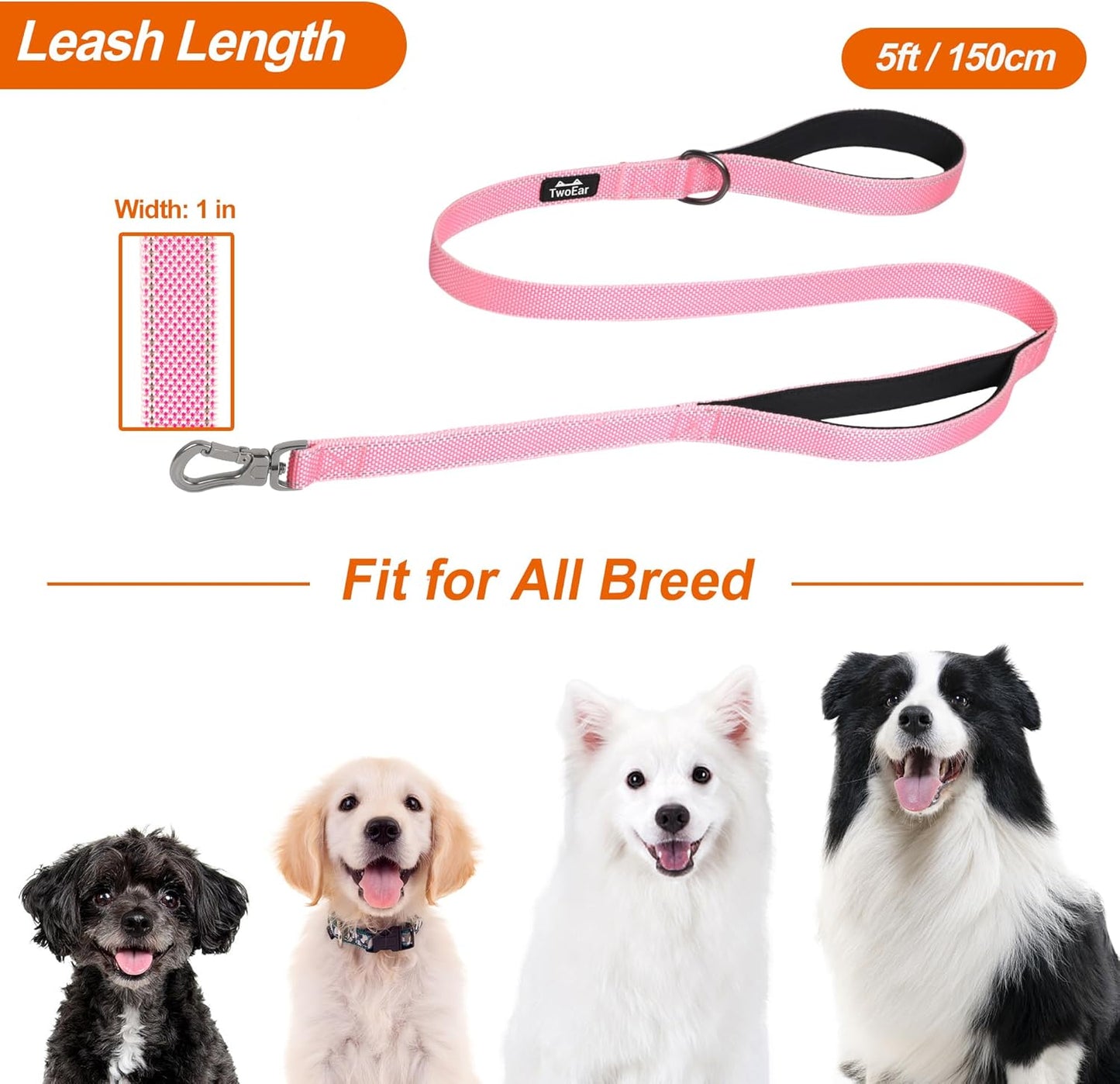 TwoEar 5FT 1IN Strong Pink Dog Leash with 2 Padded Handles, Traffic Handle Extra Control, Comfortable Soft Dual Handle, Auto Lock Hook, Reflective Walking Lead for Small Medium and Large Dogs