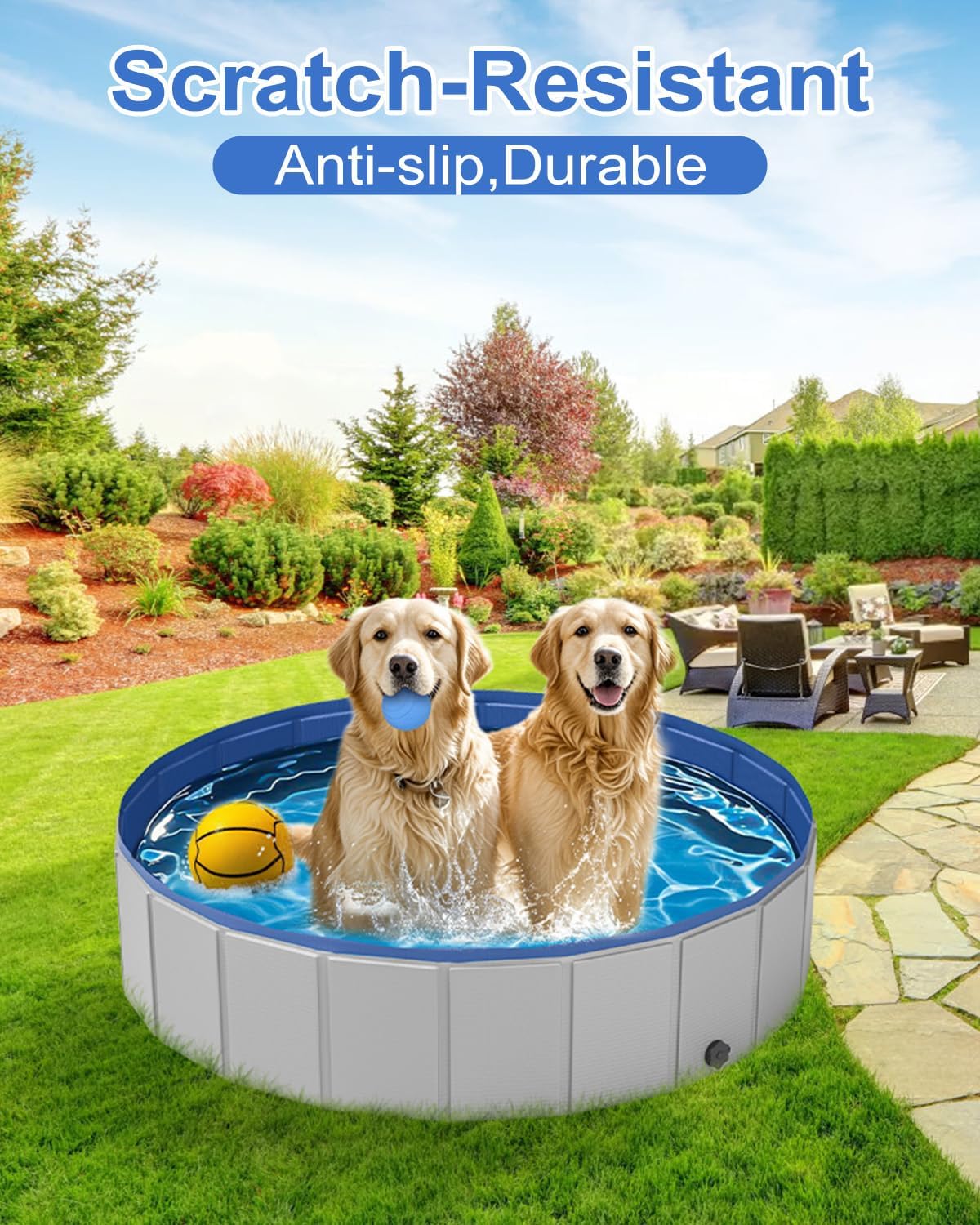 Dog Pool for Medium Dogs, Foldable Plastic Pool for Dogs Slip-Resistant (40''x 12'')