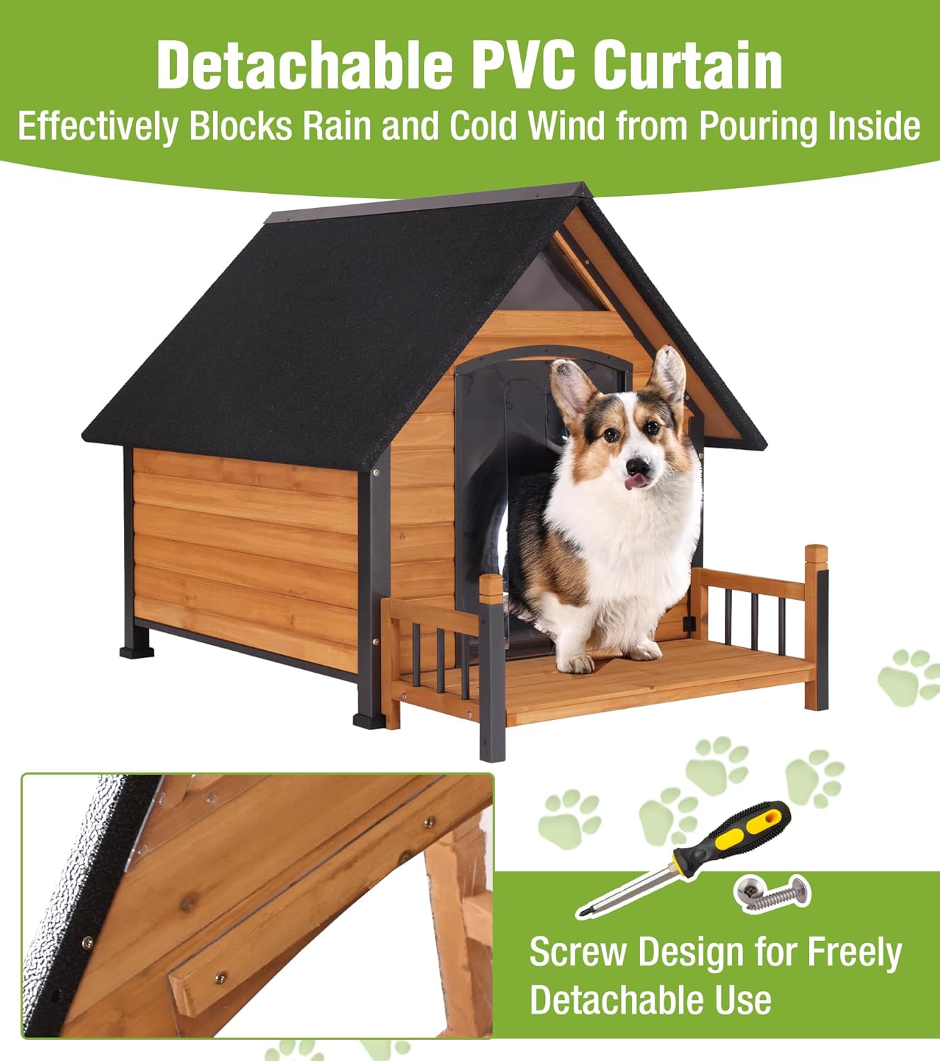 Large Outdoor Heated Dog House with Porch, All-Around Insulated Liner, Weatherproof Outside Dog House with Anti-Bite Metal Frame, Dog Kennel for Small Medium Large Dogs