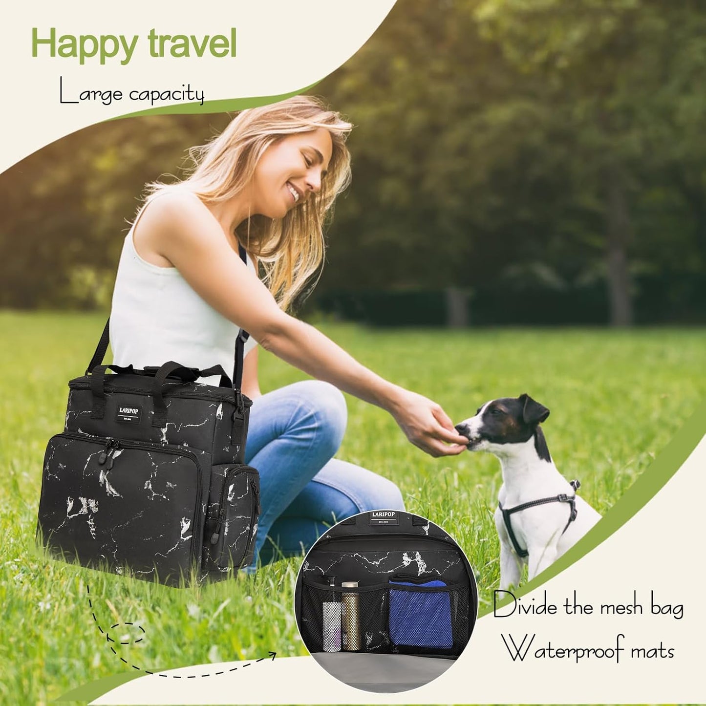 Dog Travel Bag,Weekend Pet Travel bag Set for Dog and Cat,Airline Approved Tote Multi-Function Dog Bags for Traveling,Include 2 Collapsible Bowls,2 Food Storage Containers,1 Feeding Mat,Marble