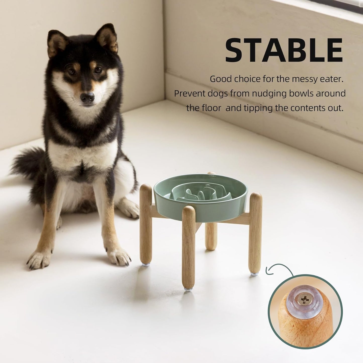 7.3inch Ceramic Raised Slow Feeder Dog Bowl Set, Elevated Wooden Stand for Medium and Small Dog, Puzzle Slow Dish, Preventing Choking(Light Green, Single Bowl+ Stand)