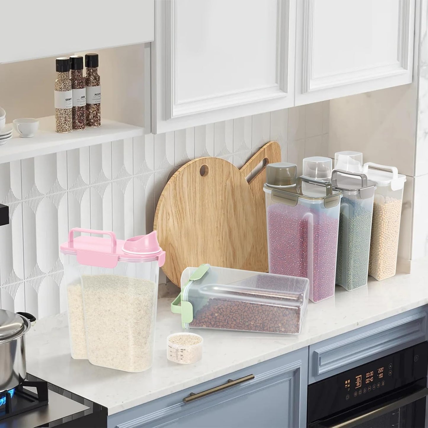 5-7Lbs Dog Cat Food Storage Container with Upgraded Large Nozzle BPA-free, 4 Snap Seals Plastic Pet Food Storage Containers with Handles (1, Light Pink, 5L)