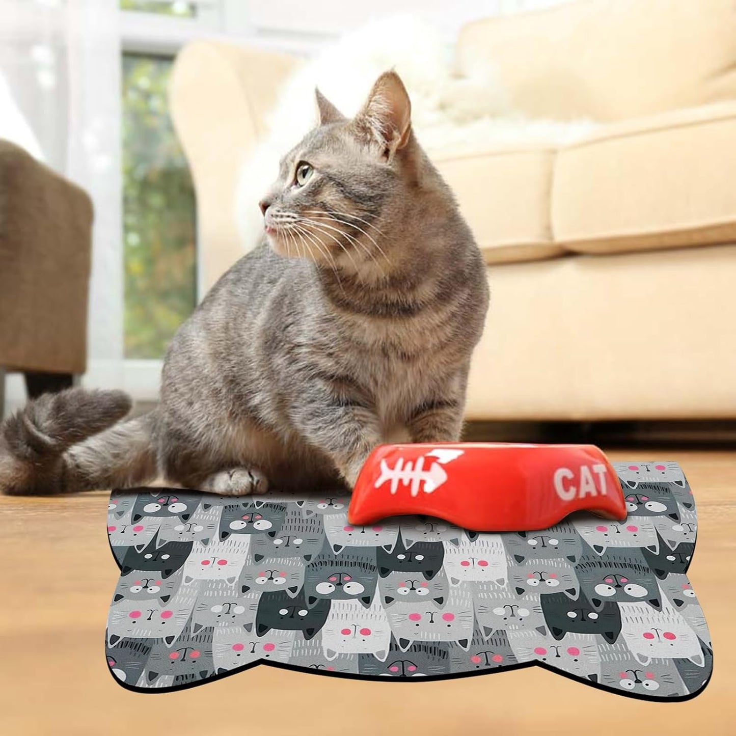 Cat Food and Water Bowl Mat - Pet Feeding Absorbent Placemat for Floor, Grey Small 17.7 * 9.8 Inch