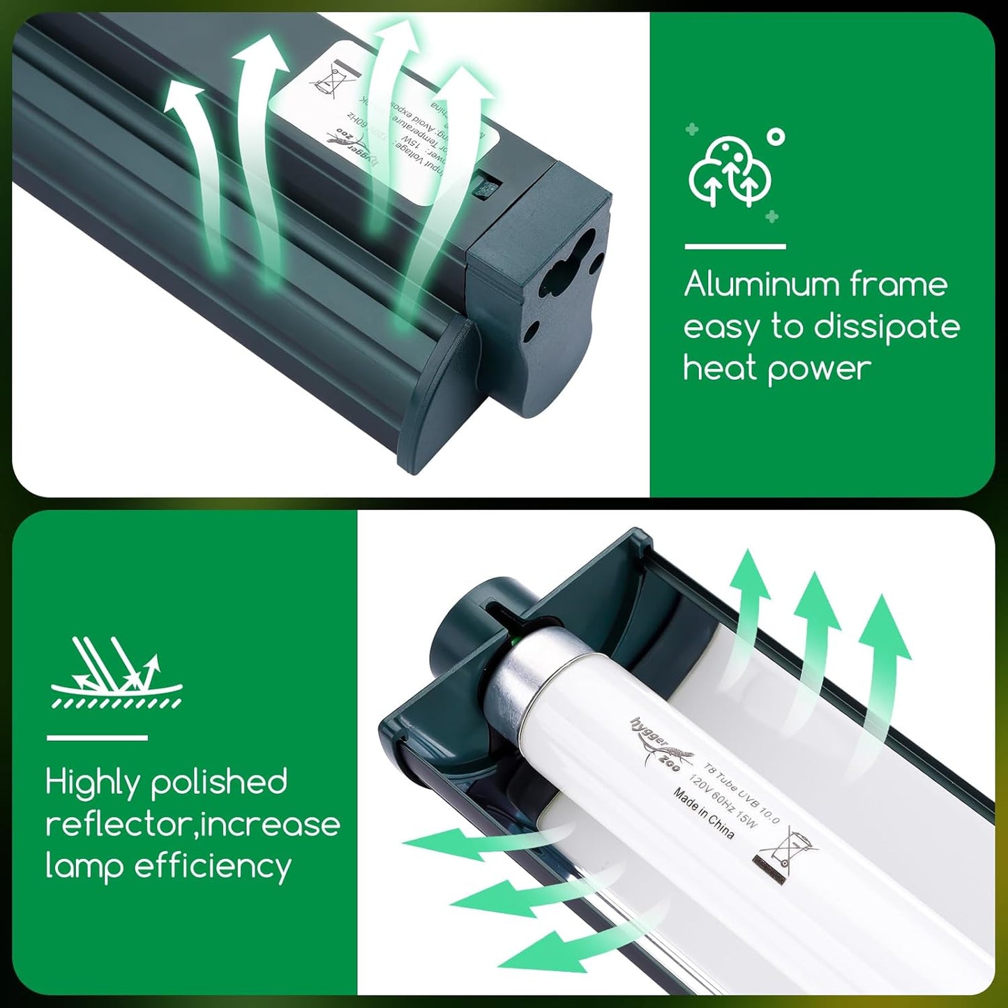 T8 Reptile Light Fixture Combo Kit 15W Light Fixture Jungle Green Reptile Terrarium Hood 10.0 UVB Light Bulb Fluorescent Tube for Bearded Dragon Lizards Tortoise for Tropical and Deserts Reptile lamp