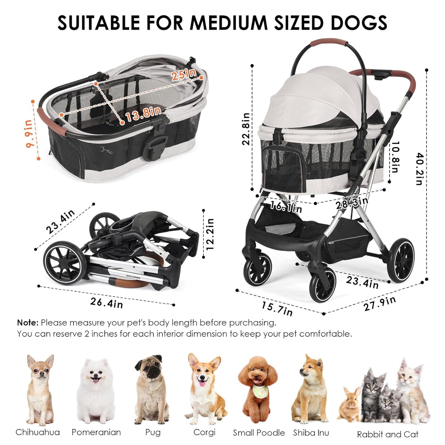 T6 Luxury Pet Stroller for Medium Dogs Up to 66lbs or 2 Small Pets – 3-in-1 Dog & Cat Stroller with Removable Carrier, Foldable & Lightweight (Beige & Net Wall)