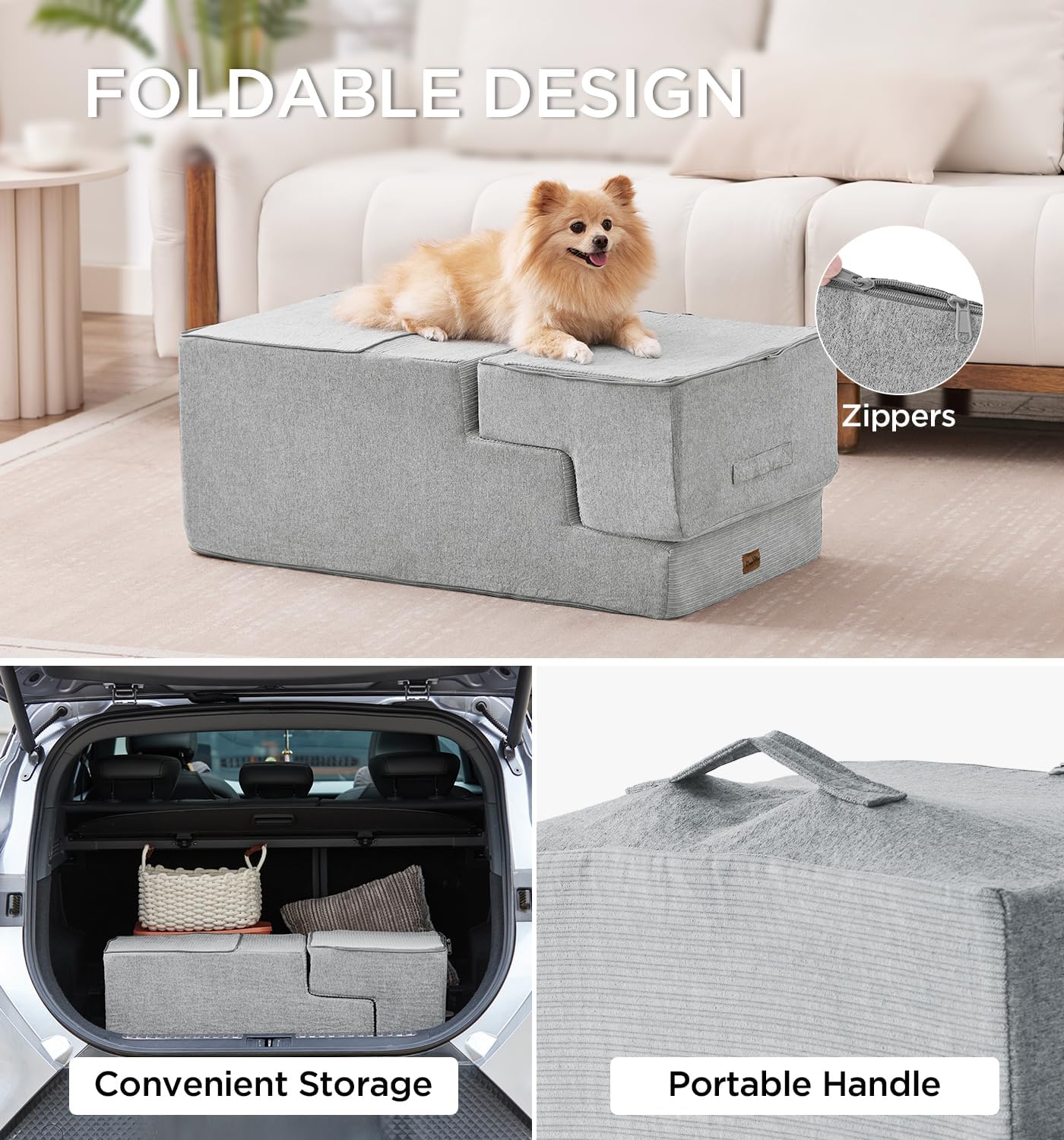 Made4Pets Dog Steps for Bed, Extra Wide Dog Stairs for High Bed Couch Sofa, 35D Foam Pet Steps for Small Dogs and Cats, Non-Slip Bottom Pet Stairs, Light Grey, 4 Steps