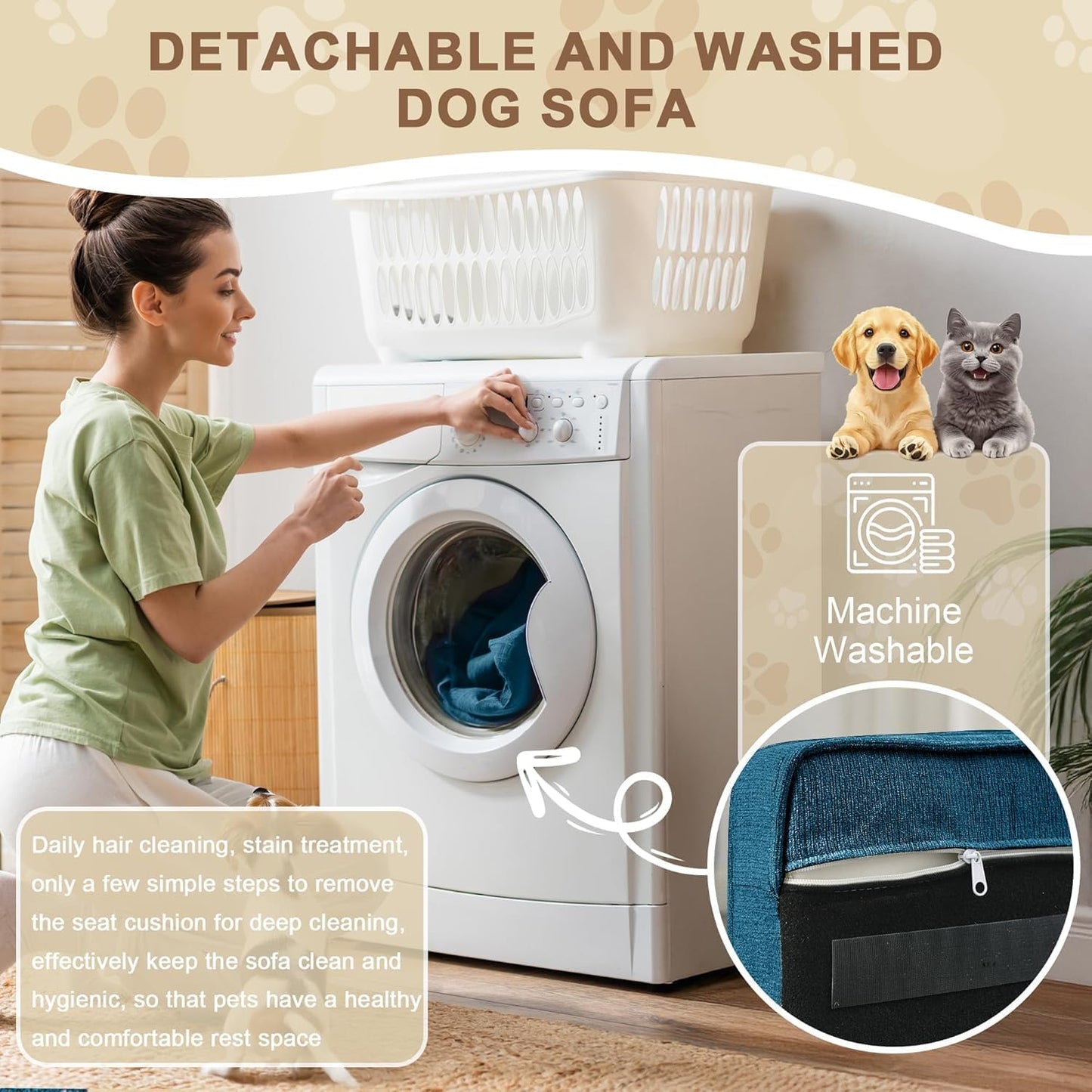 Dog Sofa Couch for Medium to Large Dogs, 31" Memory Foam Dog Couch with Washable Fabric, Removable Cushion, Sofa Bed for Medium and Large Dogs, Blue