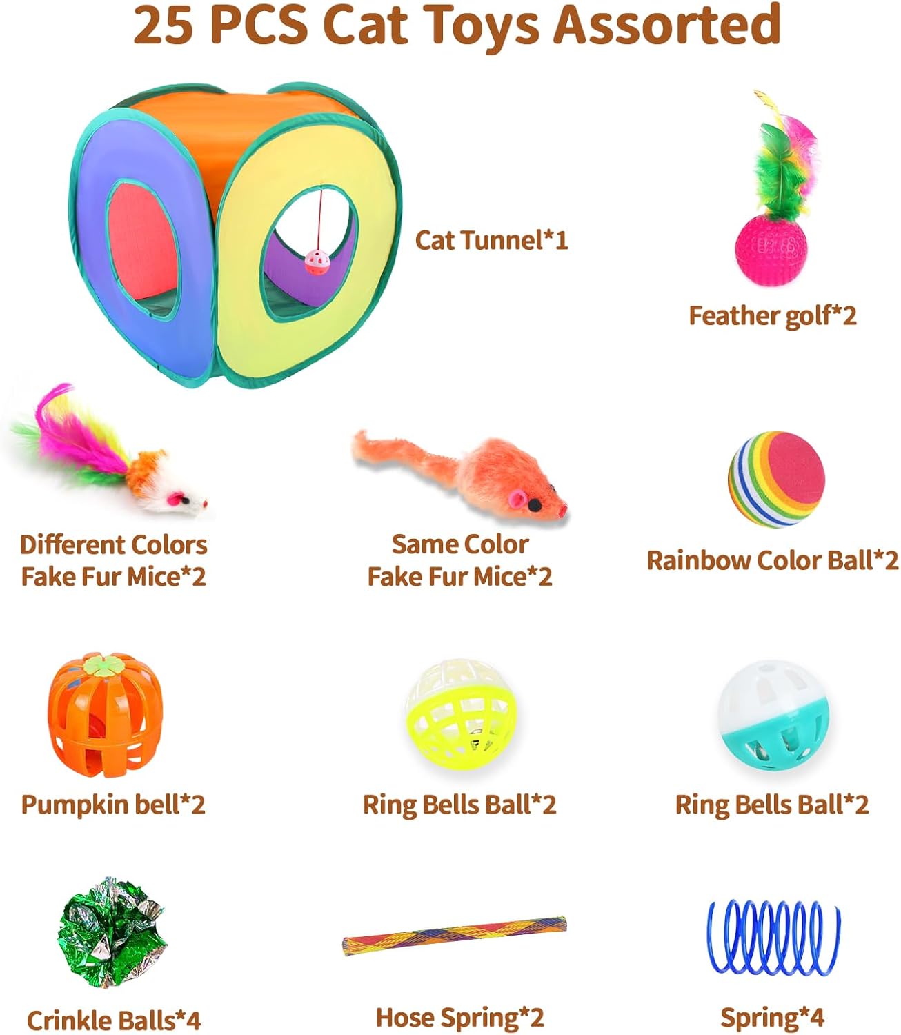 25-Piece Cat Toys Kit with Rainbow Cube Tunnel - Interactive Cat Toy Bundle for Indoor Cats, Kitten Playtime Variety Set Includes Springs, Balls, Mice & Noise Toys