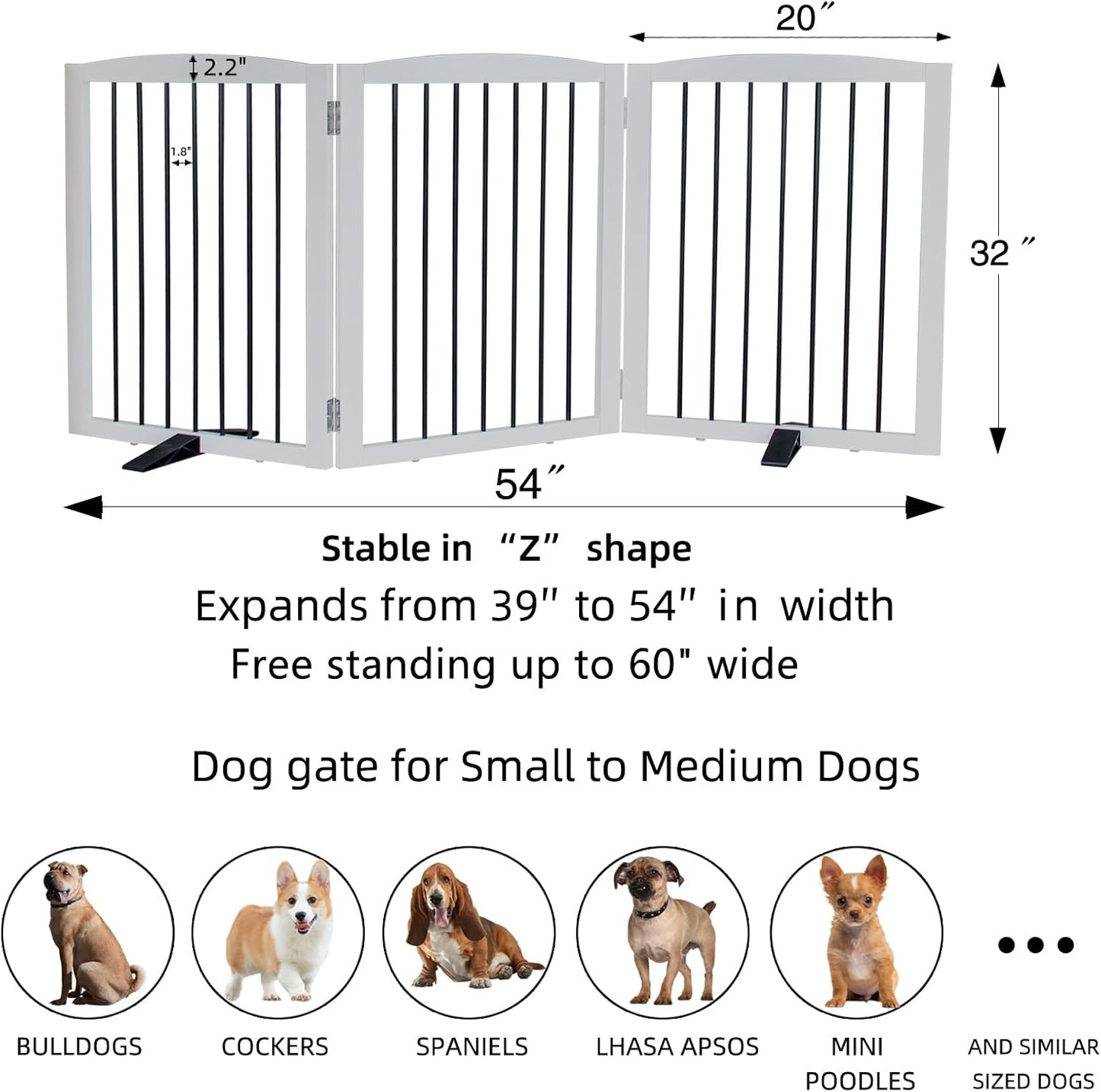 Foldable Wooden Freestanding Dog Gate - 32" H, 3 Panels, Stairs/Doorways, Support Feet Included, White