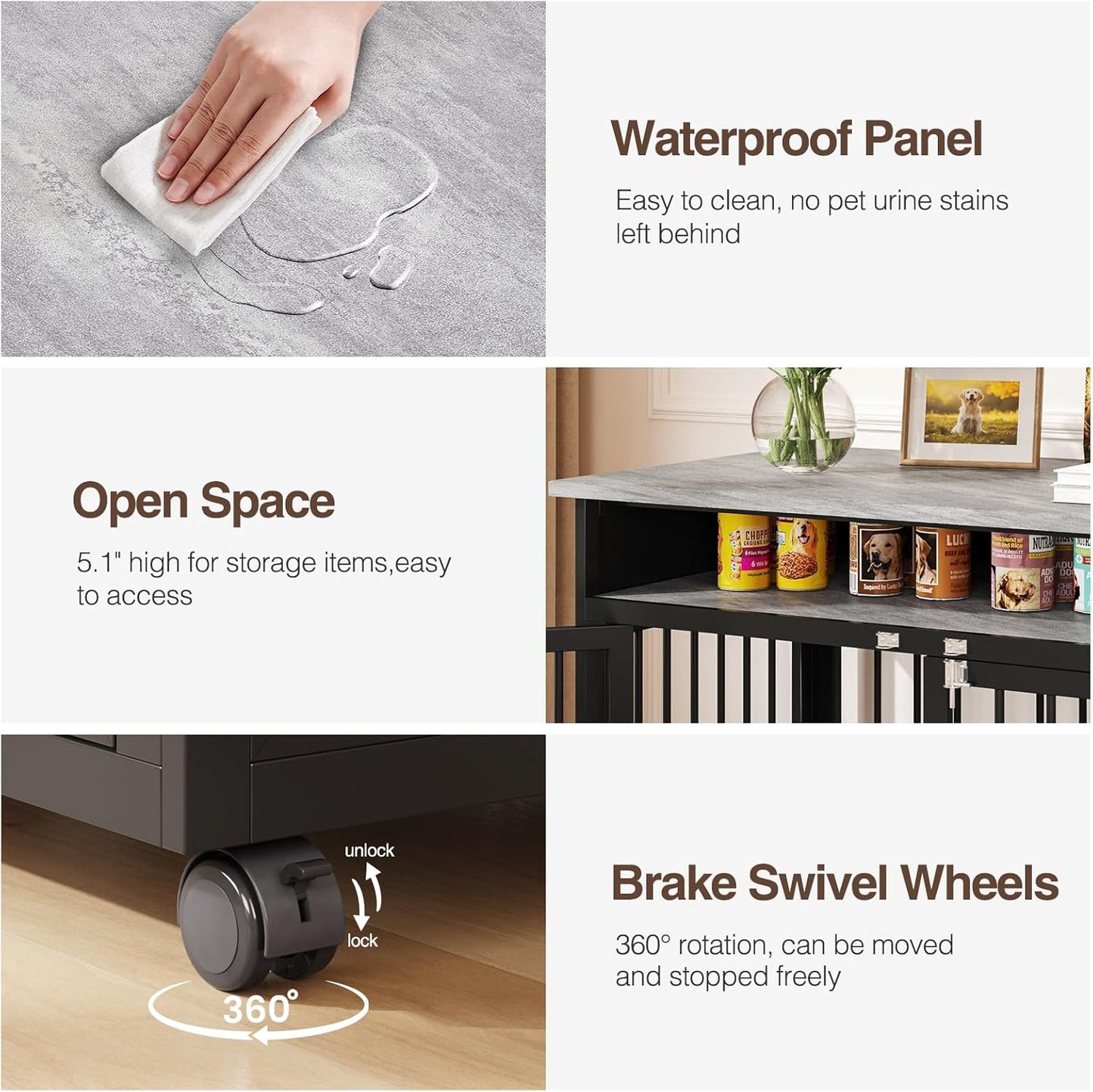 39.4" Dog Crate Furniture for Medium and Large Breed, Dog Kennel Furniture with Storage Shelf & Lockable Wheels, Heavy Duty Wooden End Side Table Pet Cage Indoor, Chew-Resistant, Grey