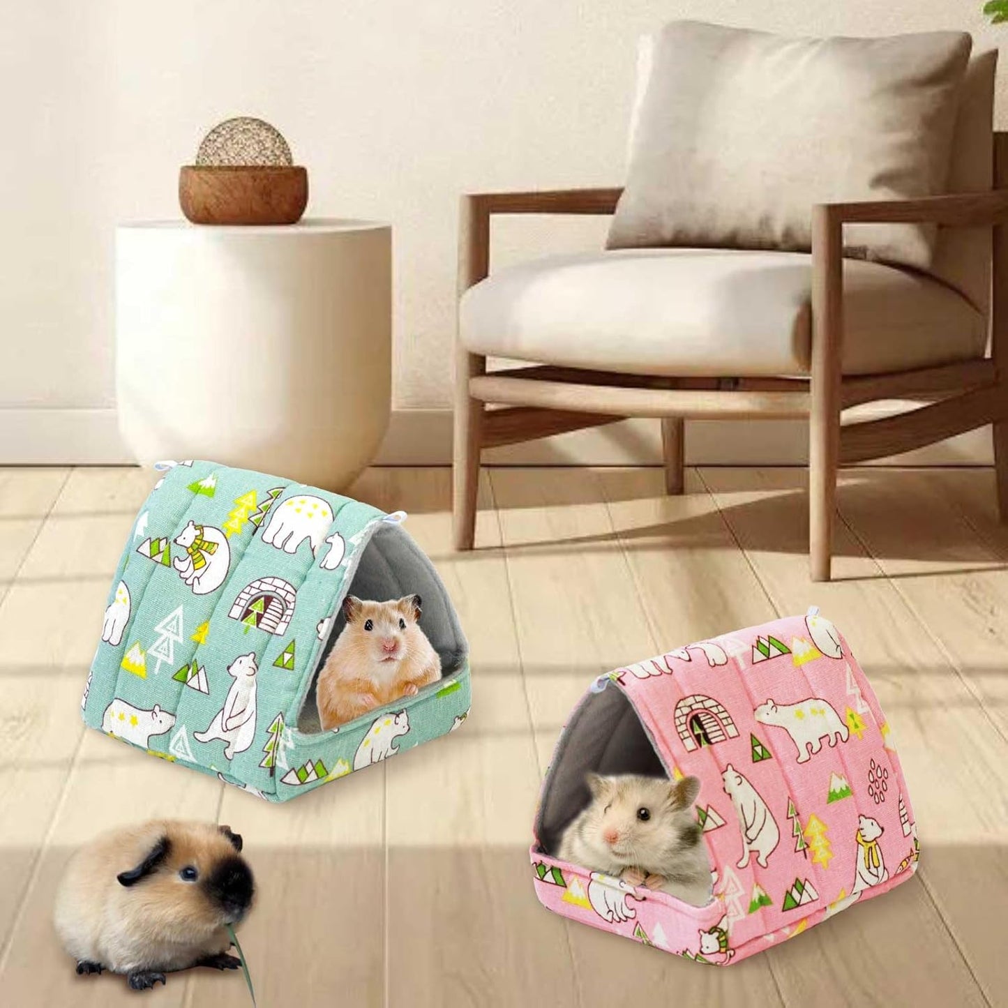 JSPYFITS 2 Pack Guinea Pig Hideout,Small Animal House Guinea Pig Bed Washable Cage Accessories for Small Pet Bunny/Rabbit/Hamster/Chinchilla Guinea Polar Bear Forest