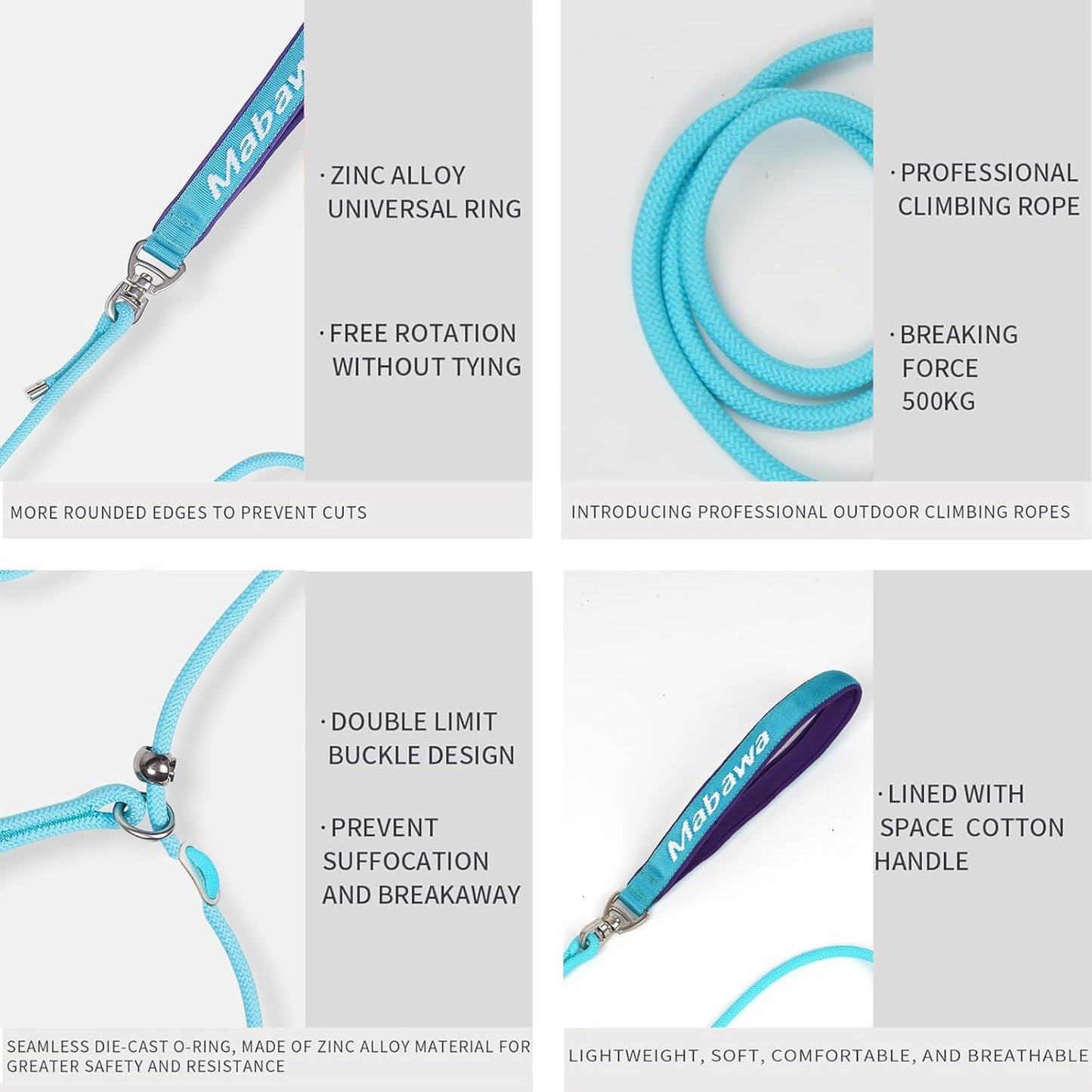 Dog Anti-Slip Leash 5FT with Metal Stopper - Durable No-Pull Training Lead for Small, Medium & Large Dogs - Comfortable Handle Nylon Rope, Tangle-Free Pet Walking Leash (Lake Blue, 5 FT)