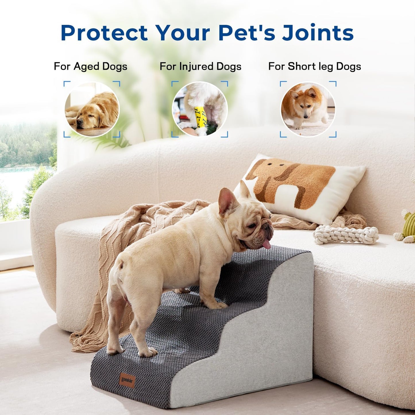 Dog Stairs for Small Dogs - Pet Stairs for Couch and Bed, 35D Foam Dog Steps Ramp with Non-Slip Bottom Brown, 3 Steps