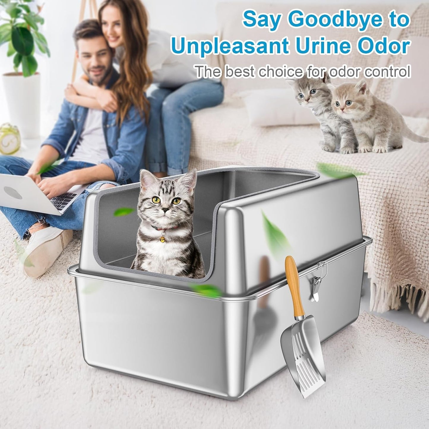 14'' High Sides XXL All Stainless Steel Cat Litter Box with Lid,XL Deep Metal Litter Box for Big Cats,Extra Large Litter Boxes with High Wall Enclosure,Anti-Leakage,Never Absorbs Odors,Non-Sticky